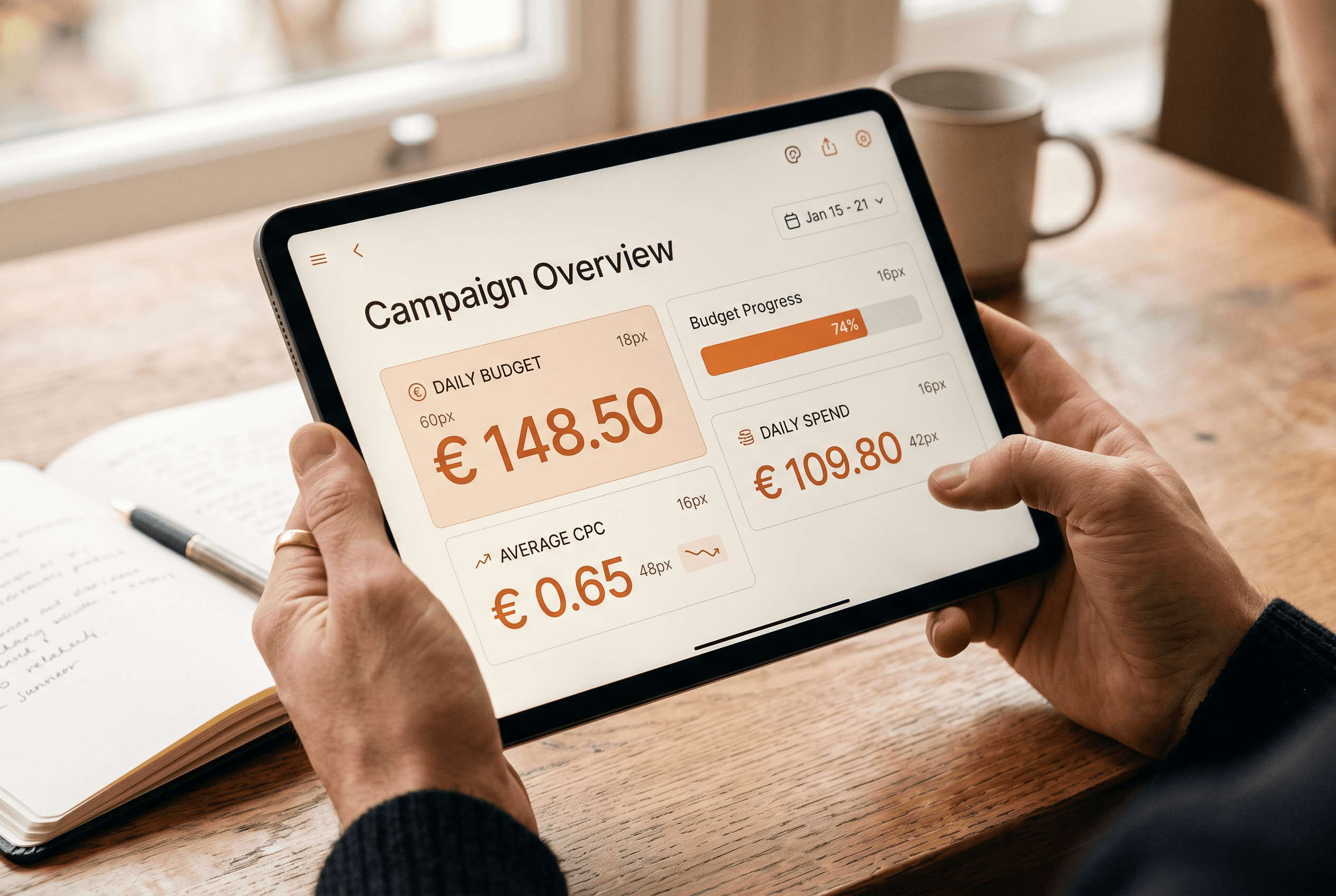 Close view of a tablet showing a simple ChatGPT ads daily budget and cost-per-click figures in warm-toned interface for a small business