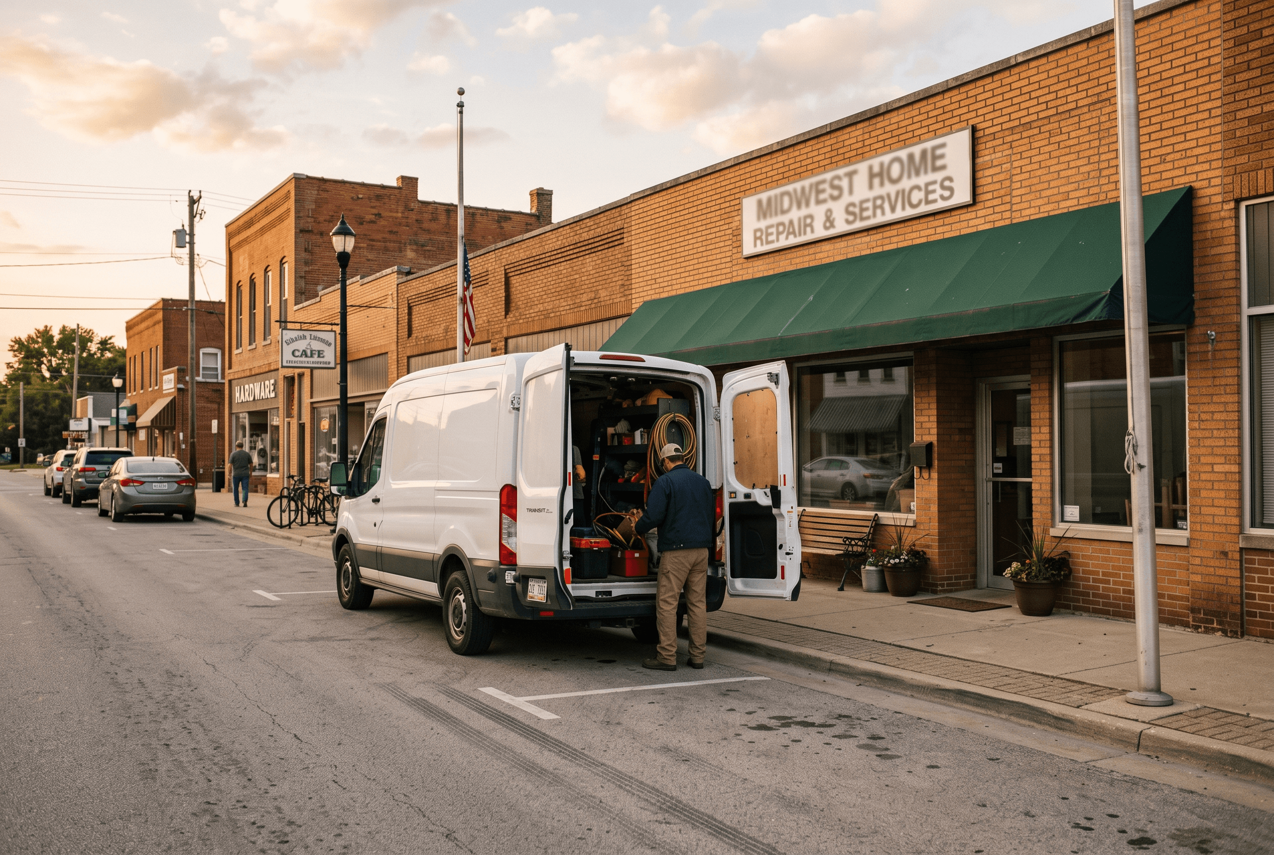 Exterior of a Fort Wayne HVAC service van and small storefront on a warm afternoon, representing local-service categories eligible for ChatGPT ads