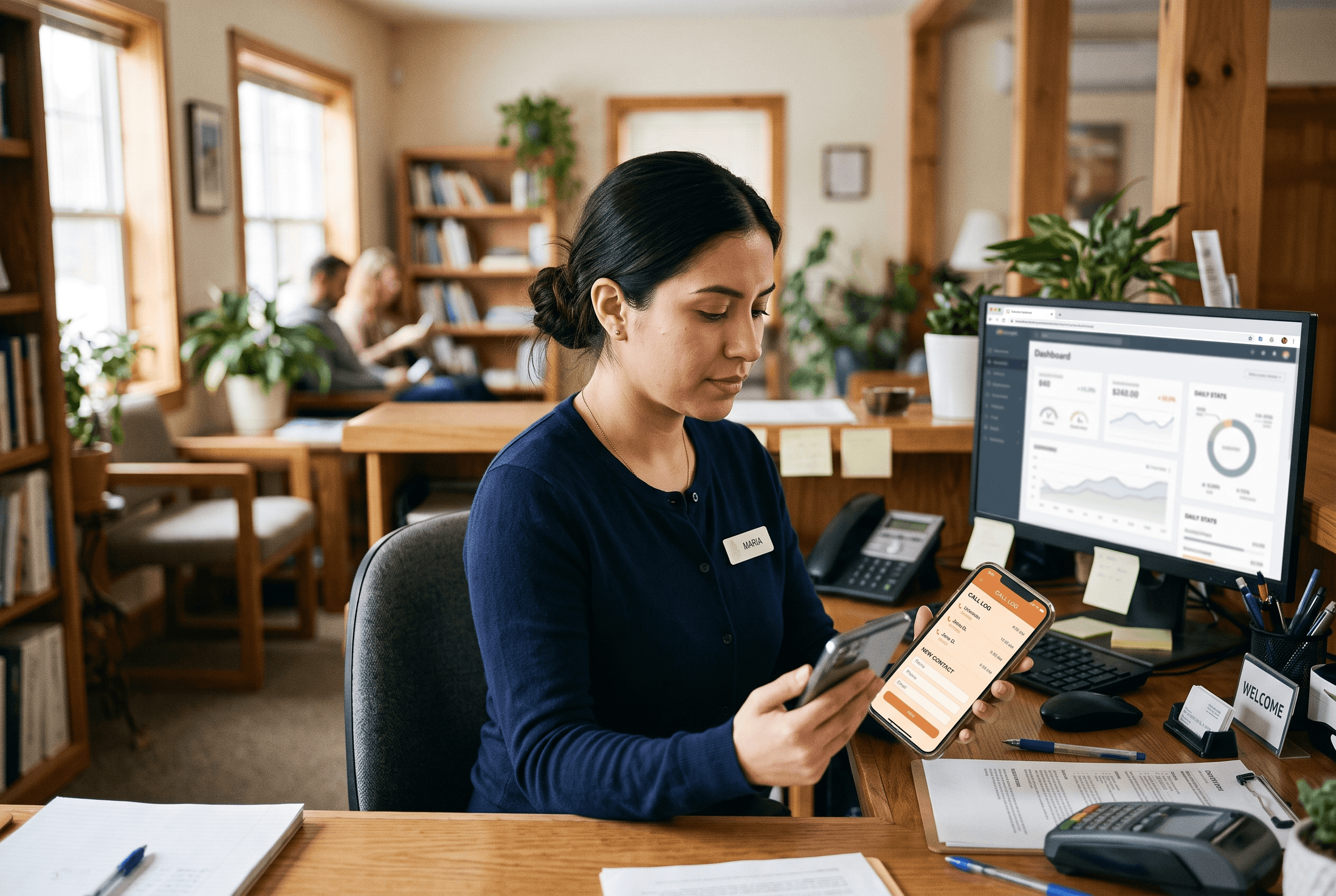 A small-business front-desk worker checking a phone showing a missed call and a lead form, illustrating the ChatGPT ads attribution gap