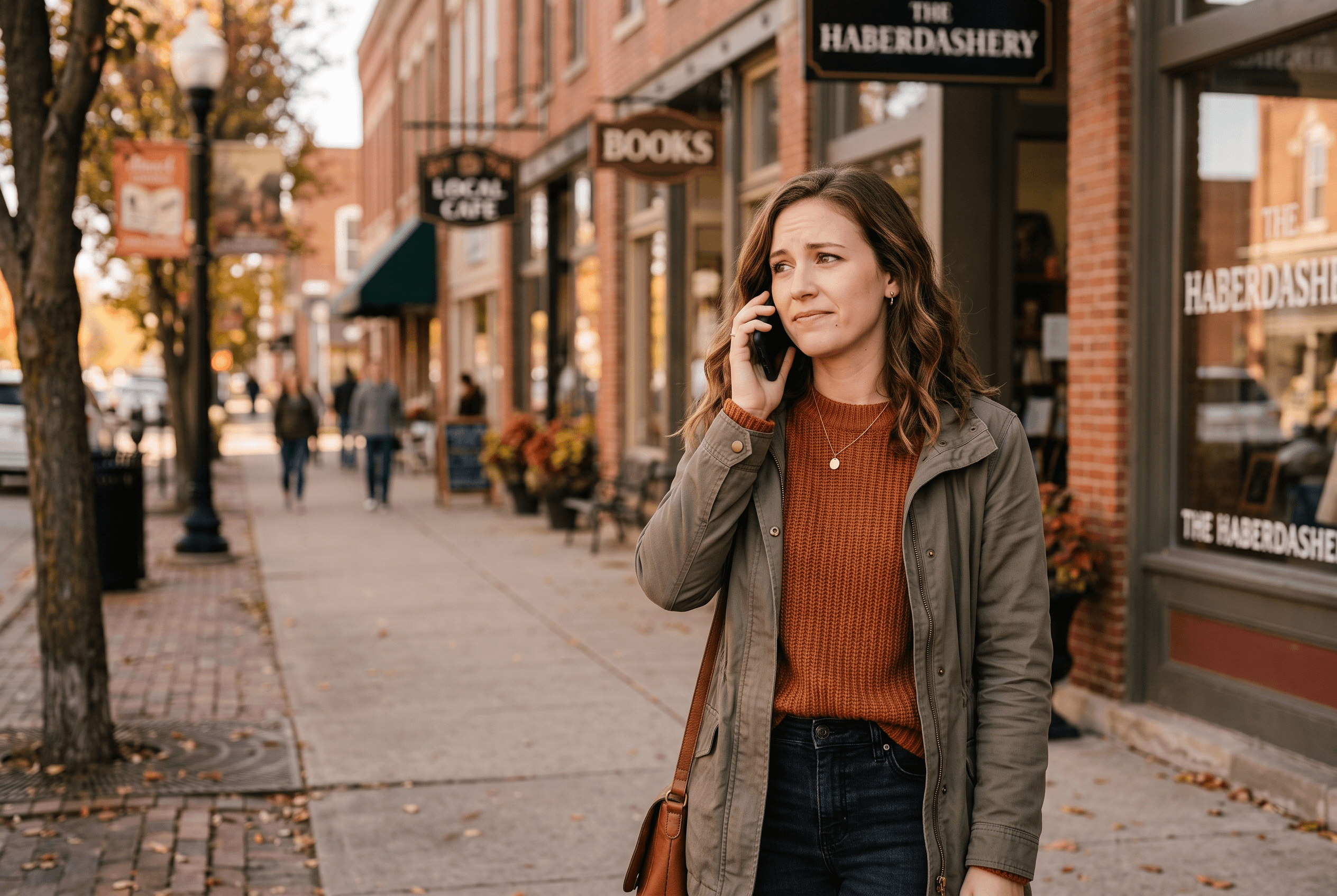 A first-time caller on a sidewalk holds a phone to their ear looking uncertain while deciding whether to trust the business answering