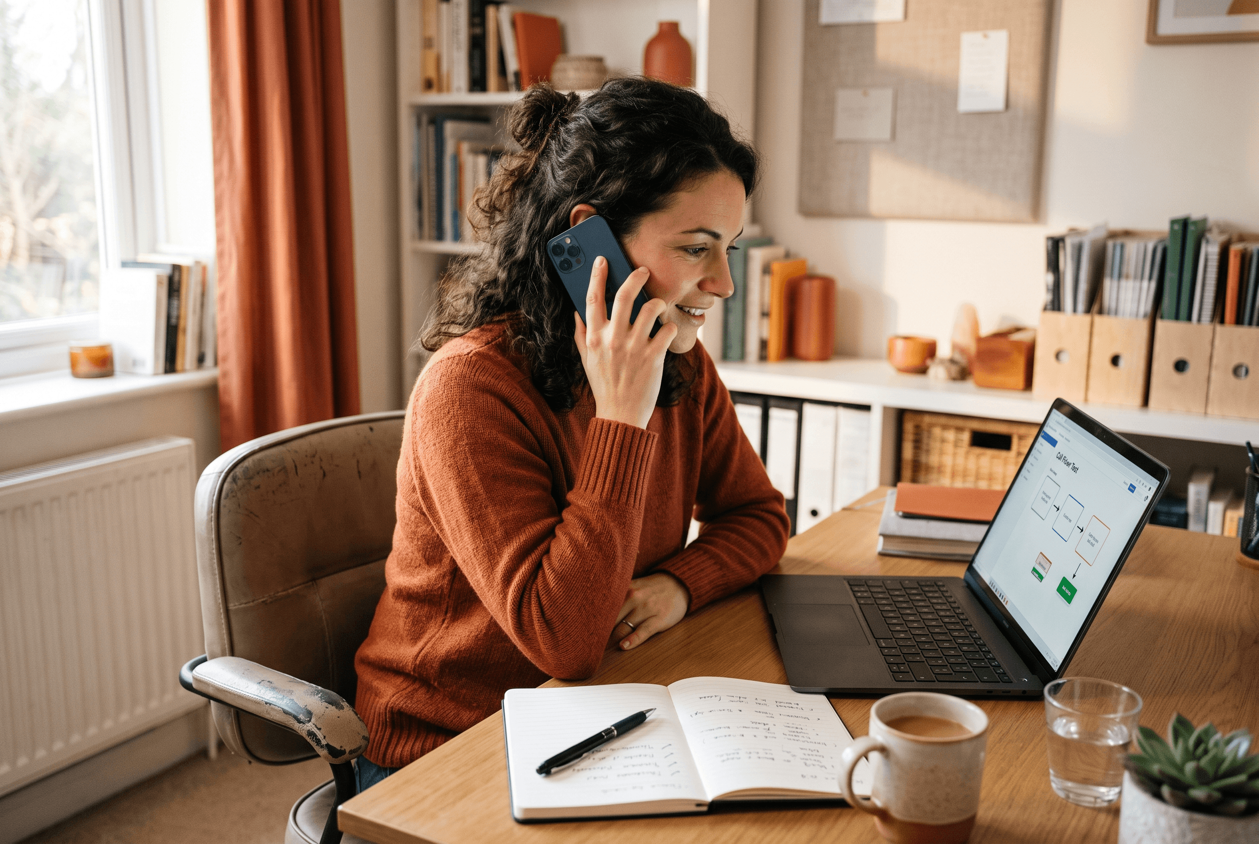A business owner tests an AI receptionist on a laptop and phone side by side, checking how a call hands off to a real person