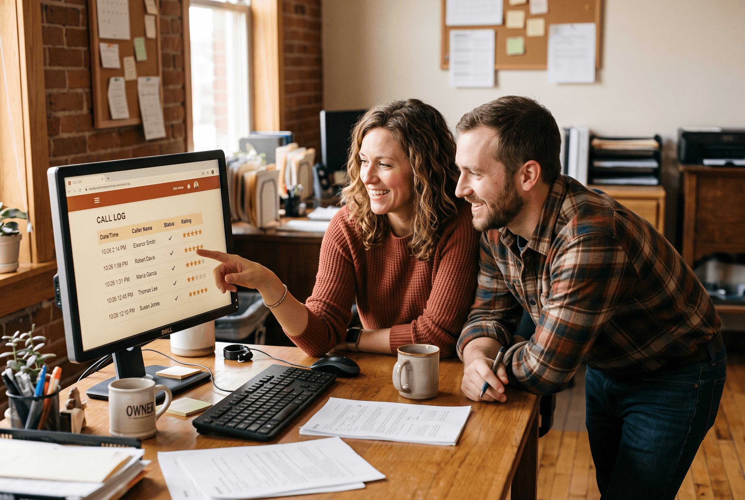 A small business team reviews AI call recordings together on a monitor showing a simple call log with star ratings