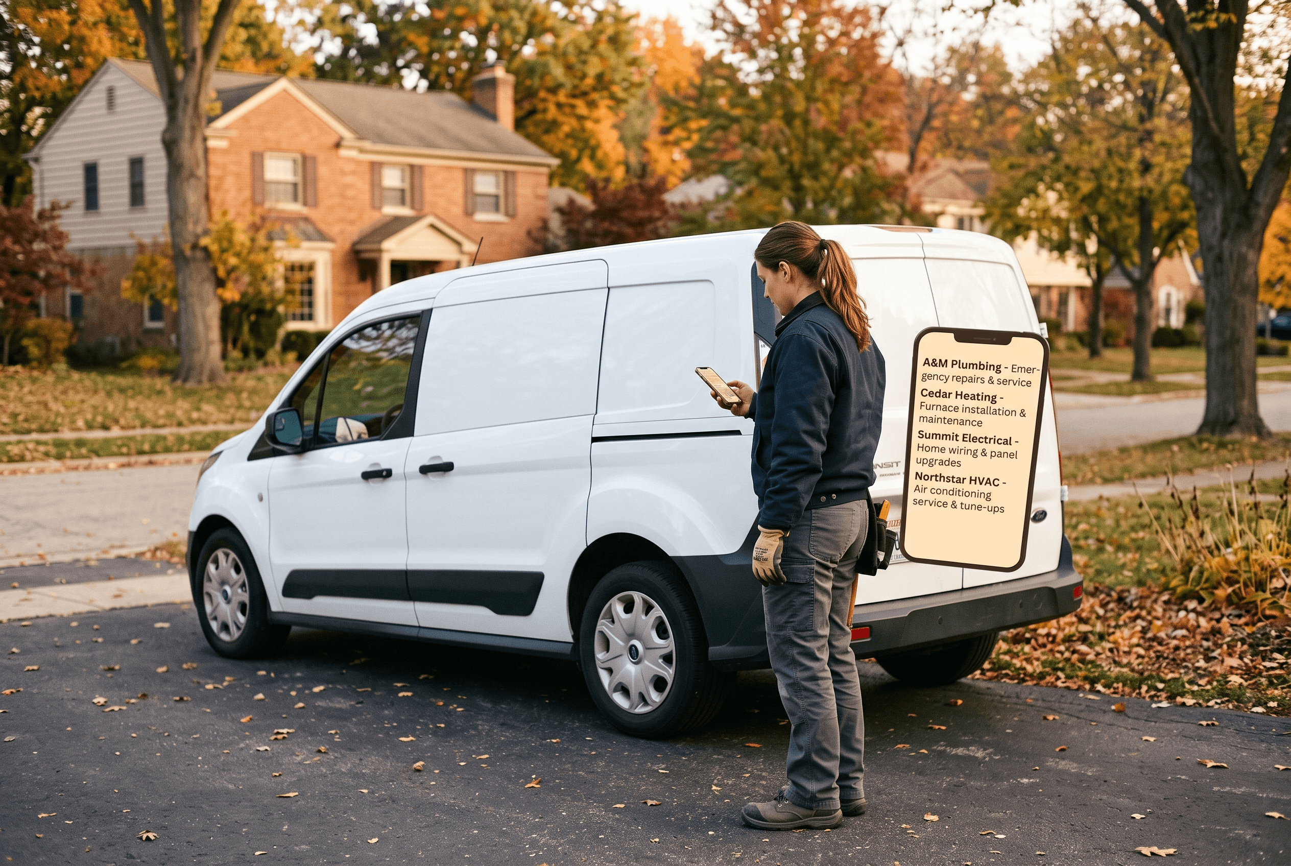 Service technician beside a work van checking a phone that displays a short AI-generated shortlist of Fort Wayne home-service companies