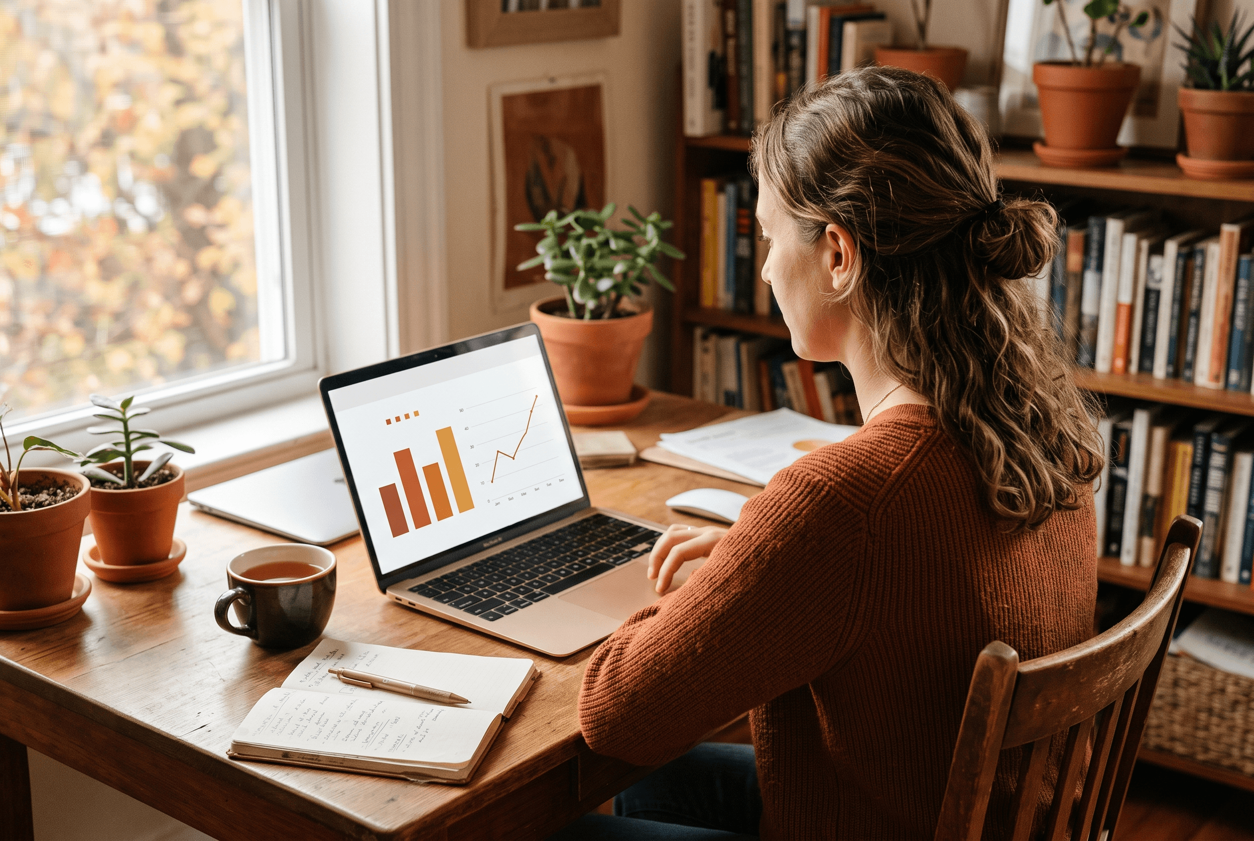 Small-business owner at a modest office desk studying a warm-toned analytics dashboard on a laptop, measuring AI search visibility and leads