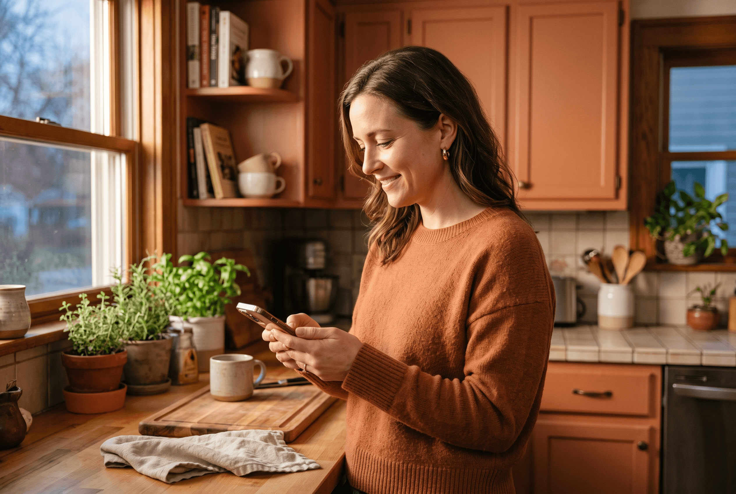 Homeowner in a Fort Wayne kitchen asking a phone assistant which local HVAC company to call while weighing a furnace repair