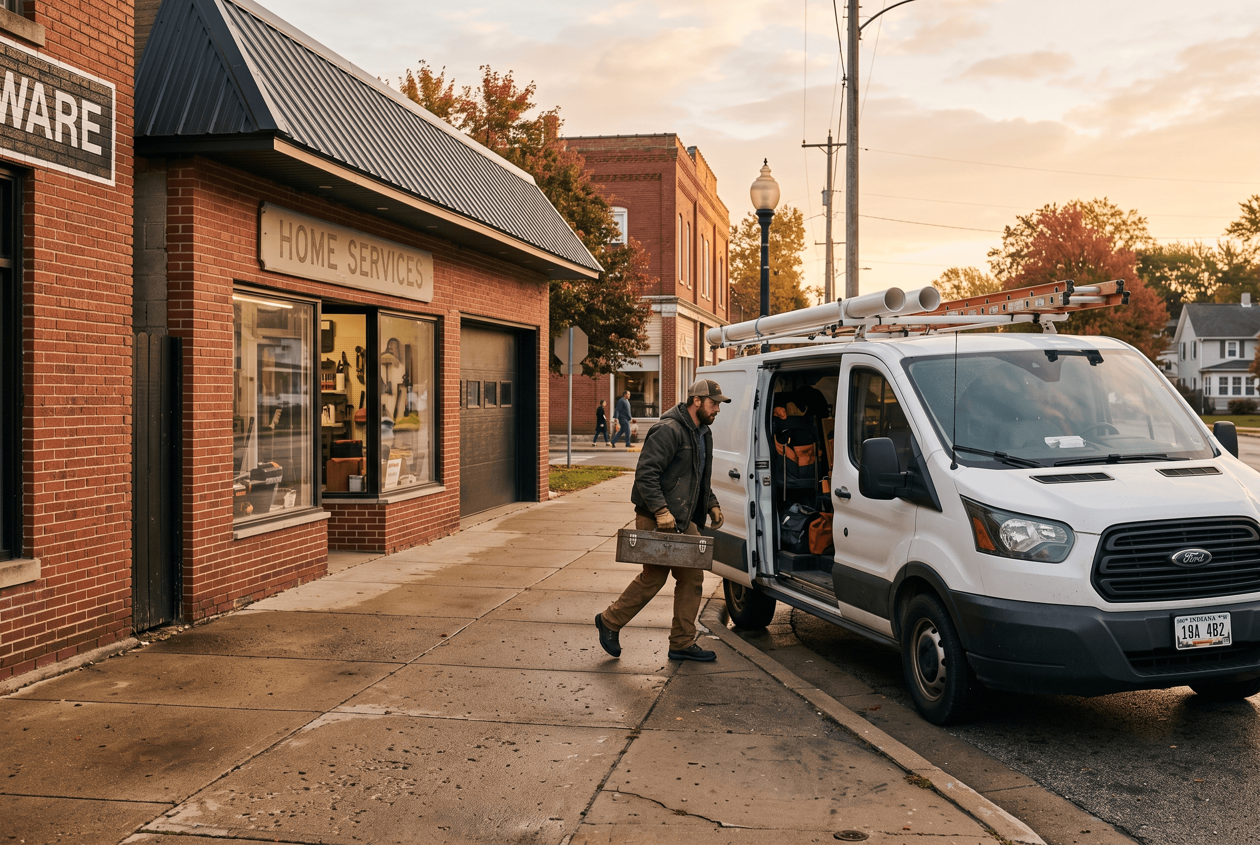 Exterior of a modest Auburn Indiana home-services storefront with a service van parked out front in warm morning daylight