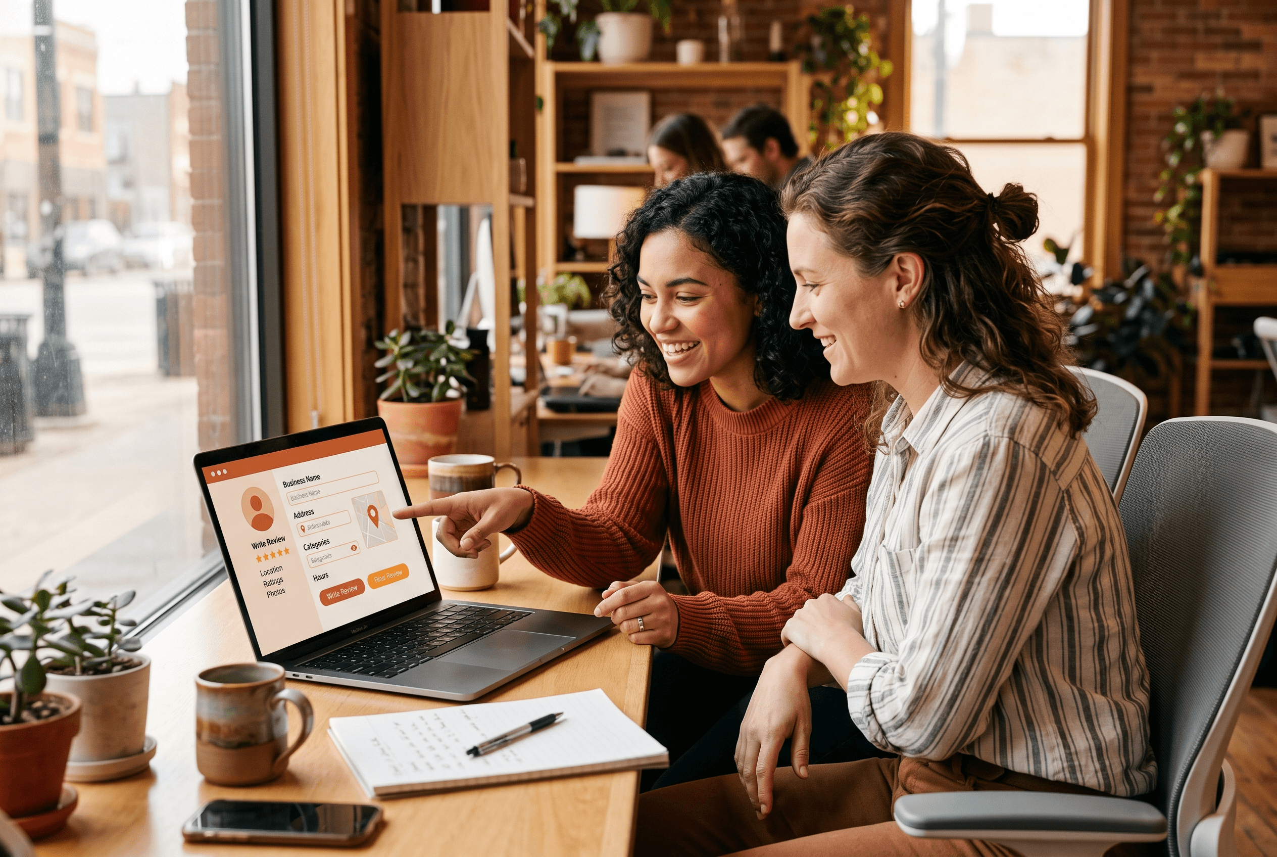 Front-desk staff and owner reviewing their Google Business Profile and online listings on a laptop to improve what AI search shows