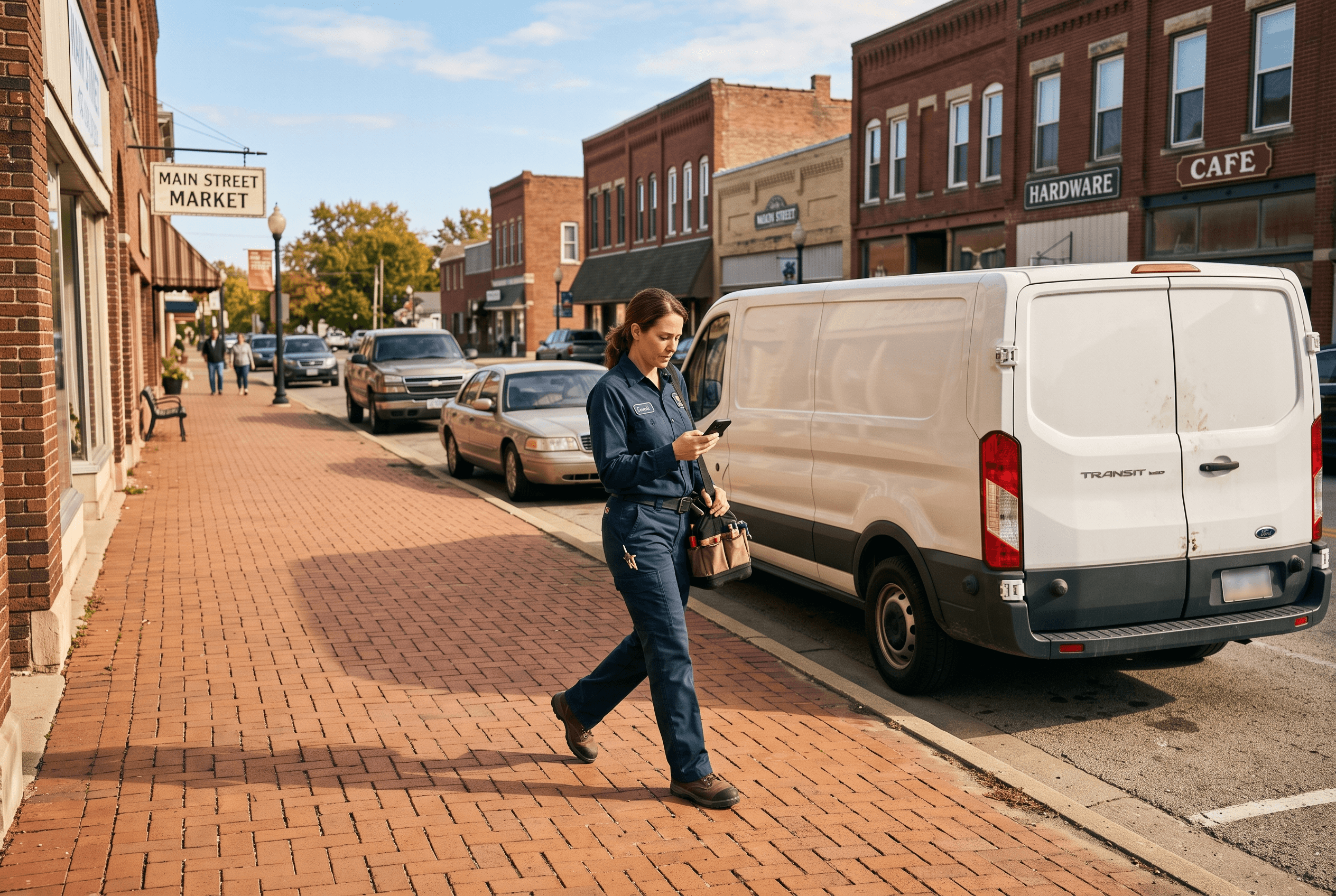 A service technician walking toward a work van parked outside a Northeast Indiana storefront on a bright day, phone in hand checking a booking