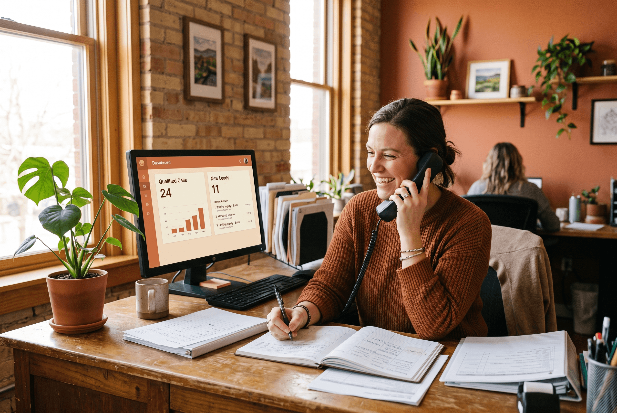 Front-desk staff at a Fort Wayne service business taking a phone call while a monitor beside them shows a simple leads and calls dashboard