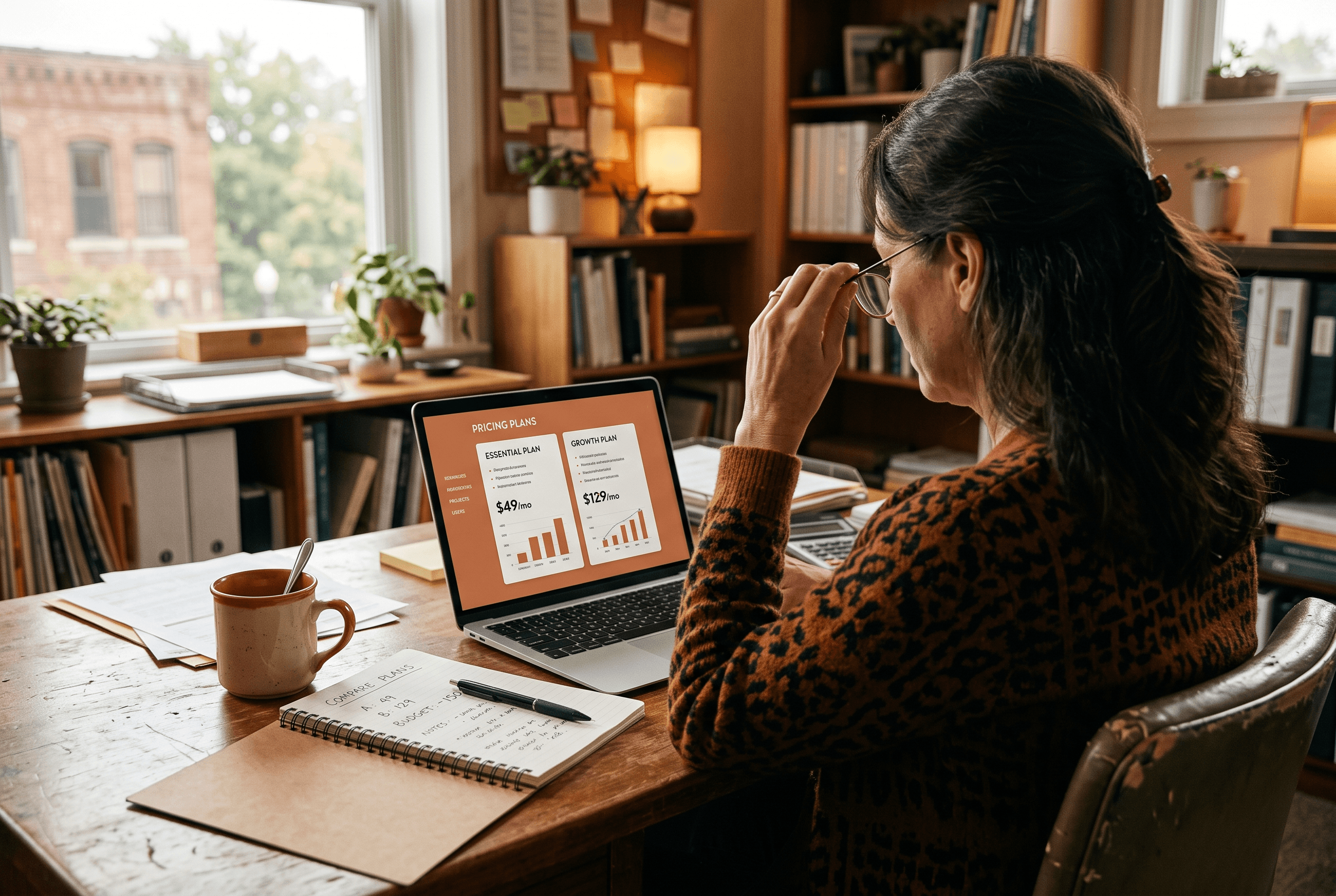 Close view of a small business owner comparing AI answering service pricing tiers on a laptop at a modest office desk