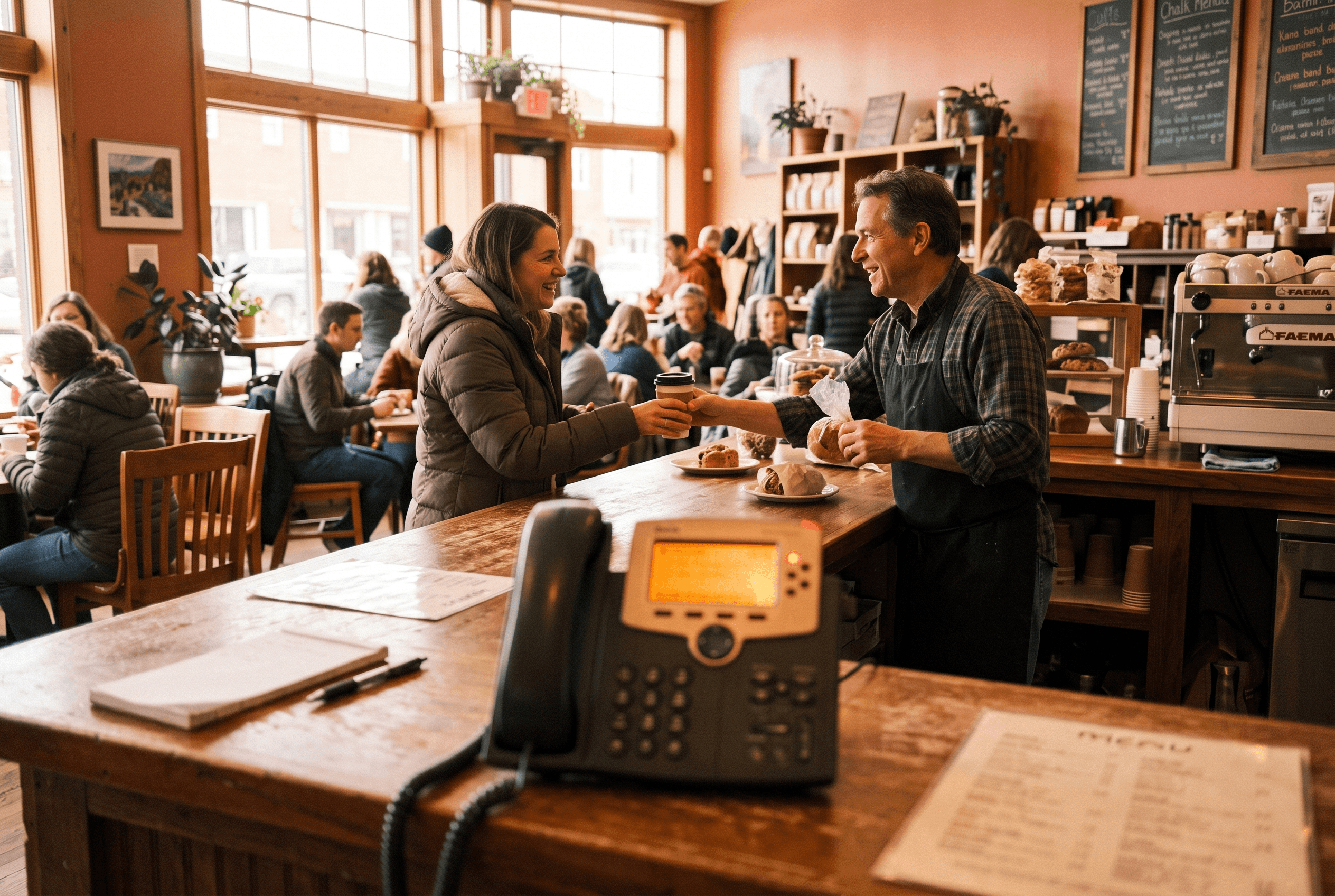 An unanswered phone rings on a busy restaurant counter while staff work, illustrating missed calls costing small businesses revenue