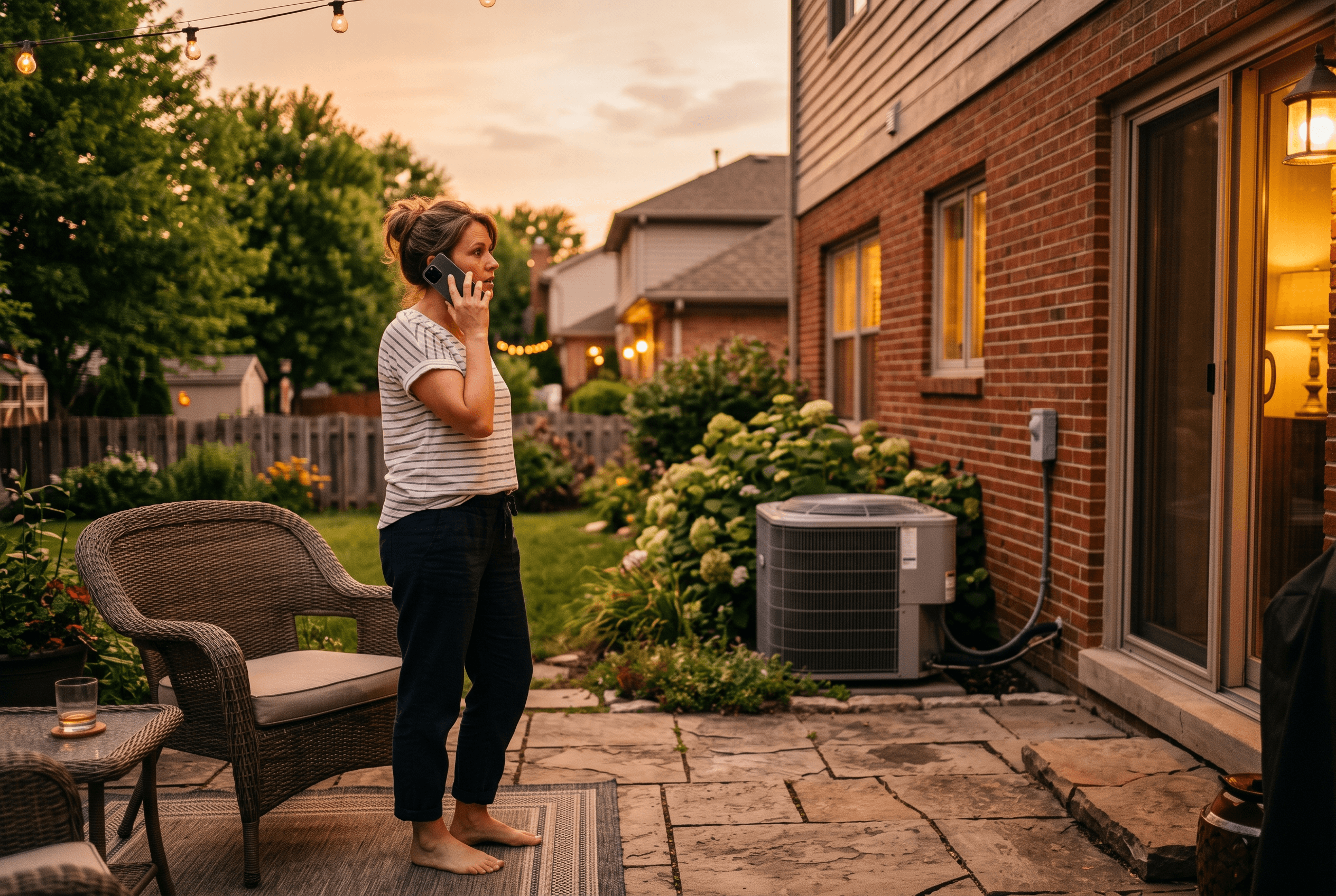 A homeowner on a hot summer evening dials a Fort Wayne HVAC company on a phone as an outdoor AC unit sits in the background