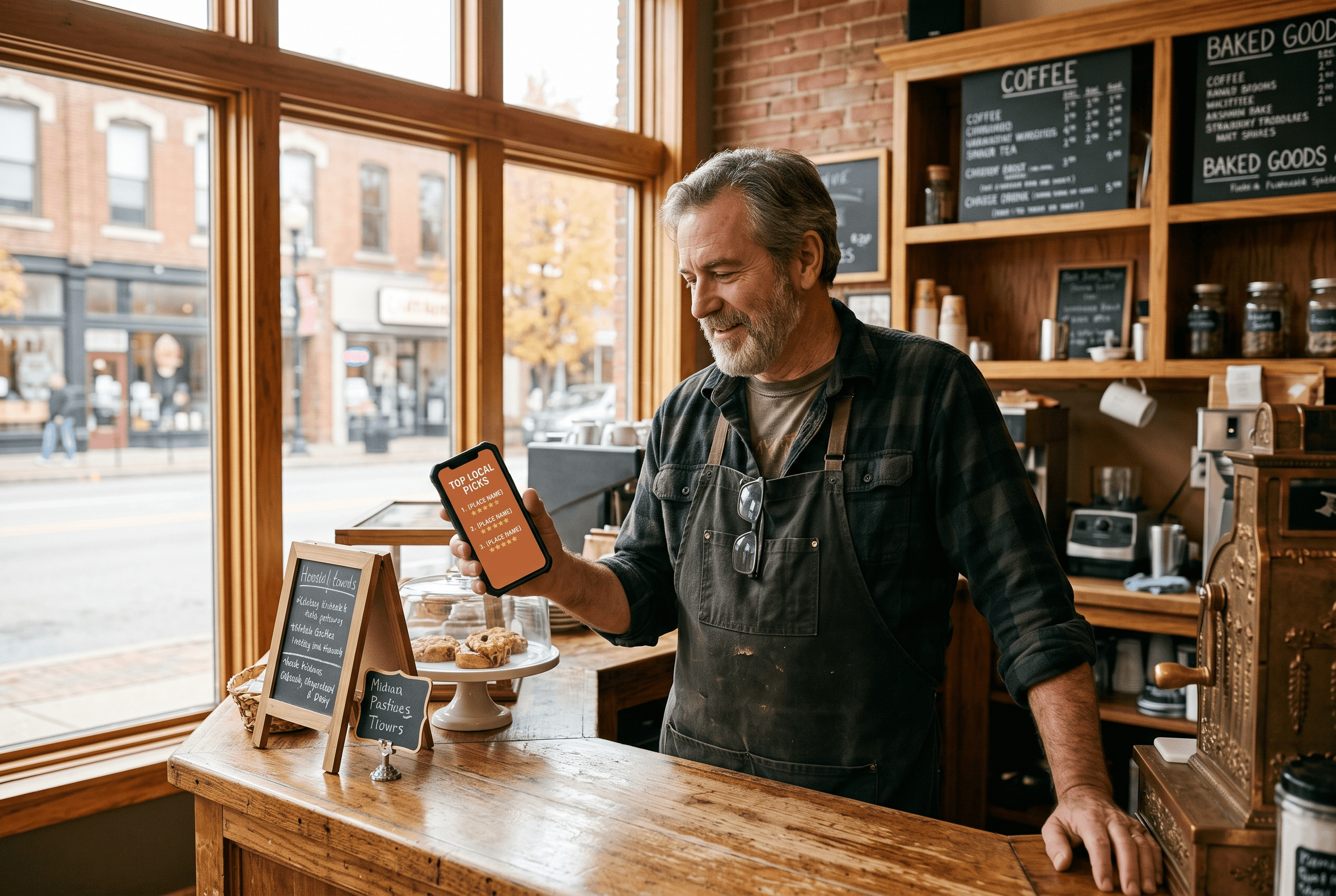 A storefront owner at a counter reviewing a phone showing a short list of local business recommendations in warm light