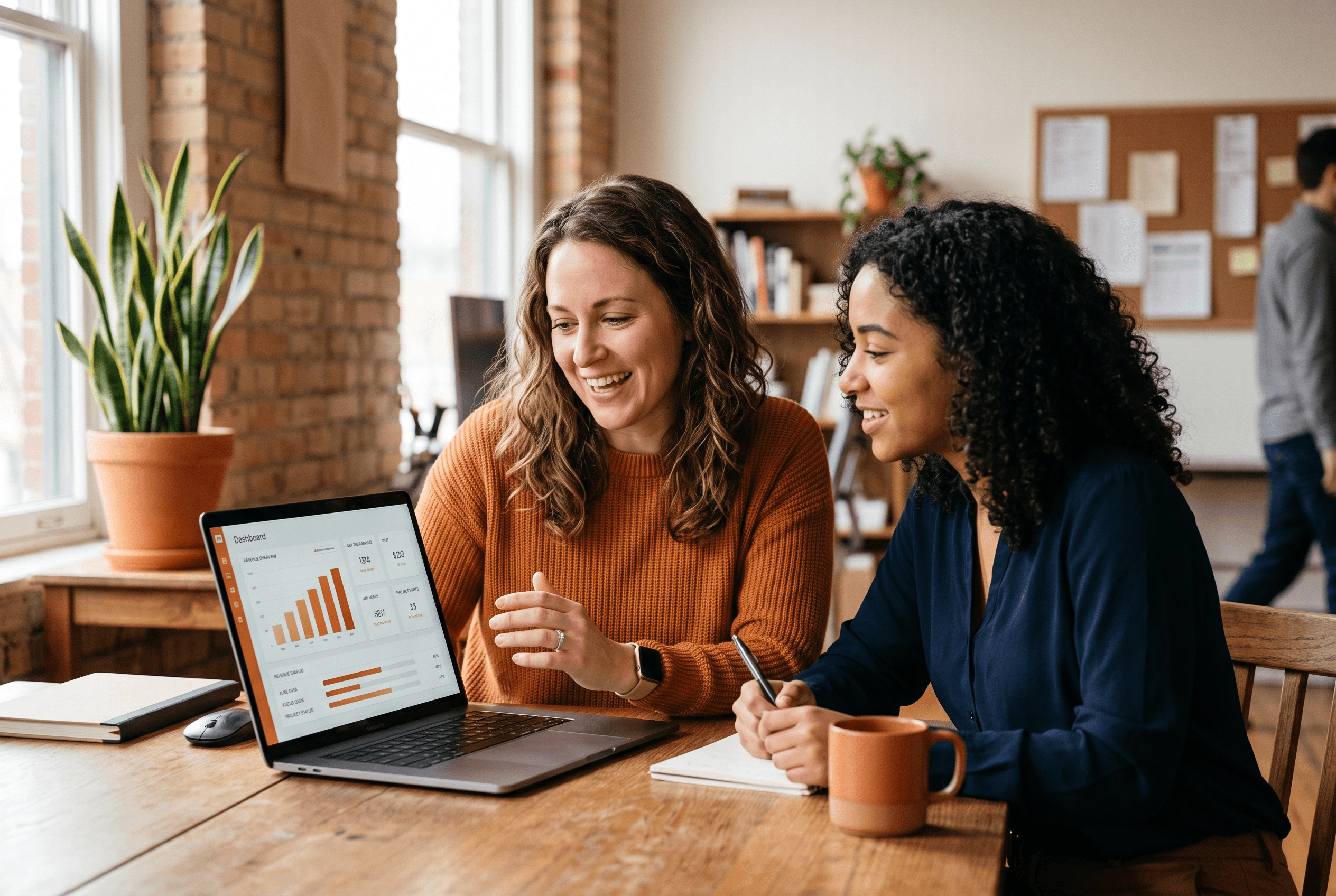 Two small-business coworkers reviewing an analytics dashboard on a laptop together at a sunlit office table
