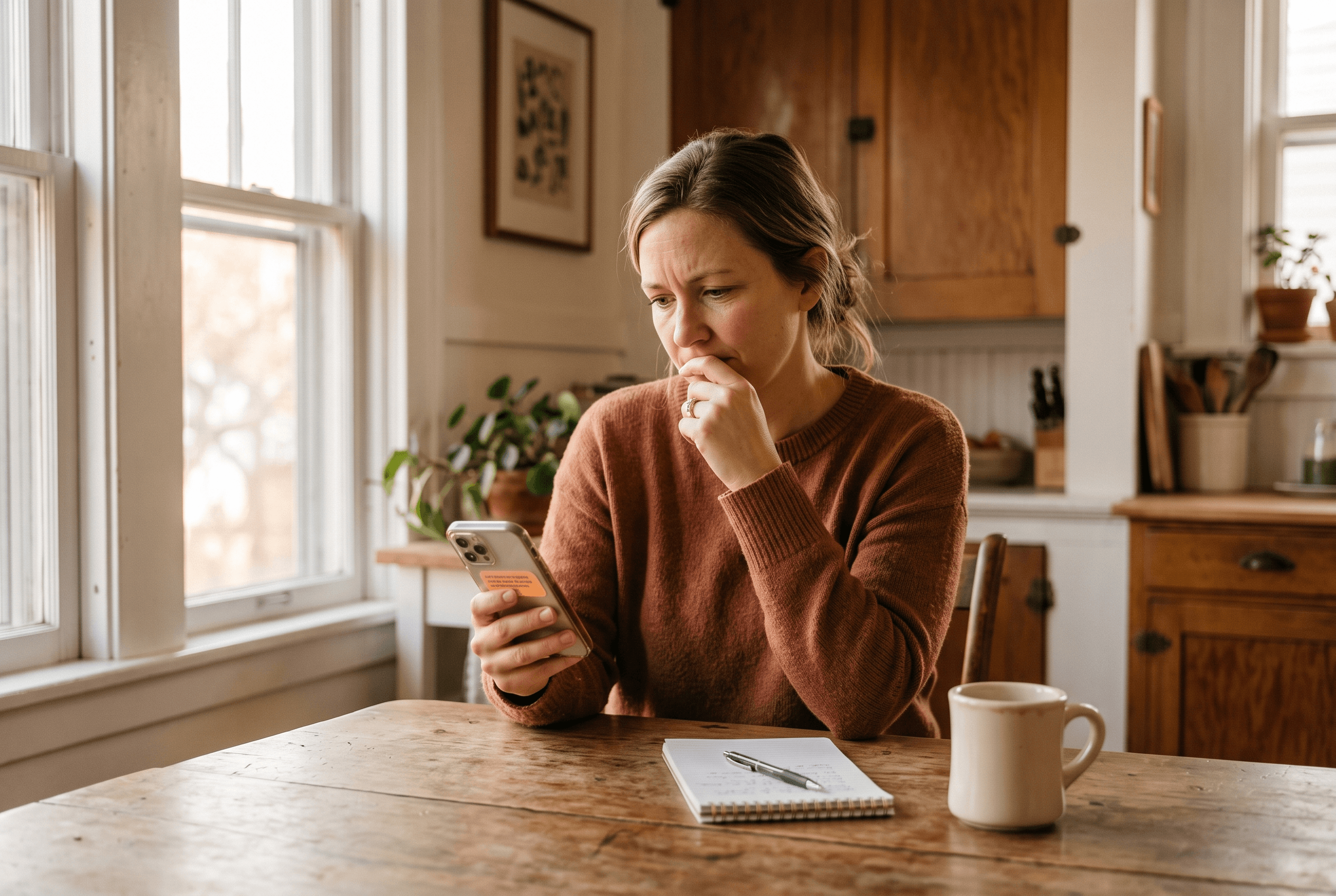 A customer at a kitchen table using a phone to research a local business while keeping a wary, evaluating expression