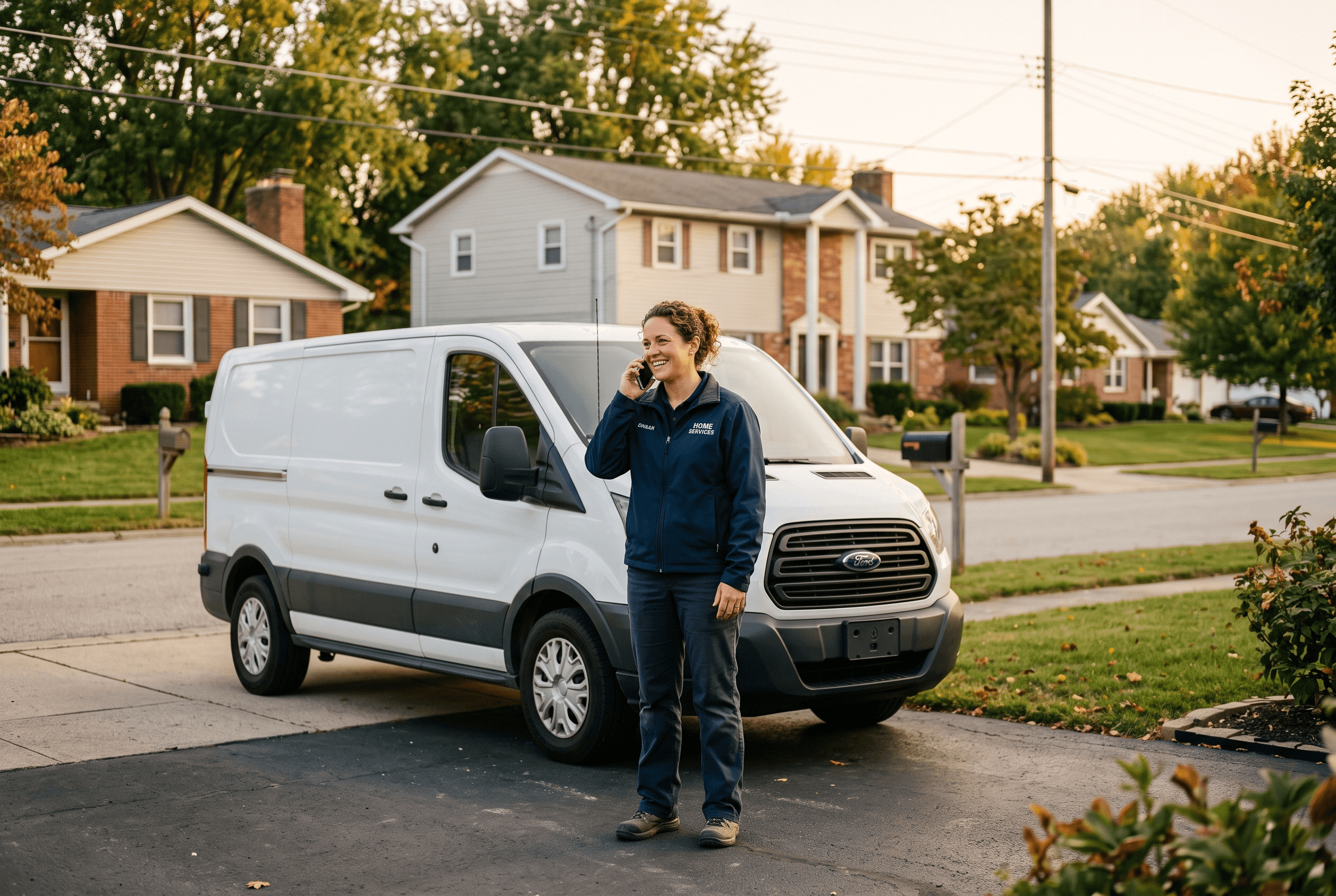 A Fort Wayne home-services technician taking a phone call beside a service van in a warm residential driveway
