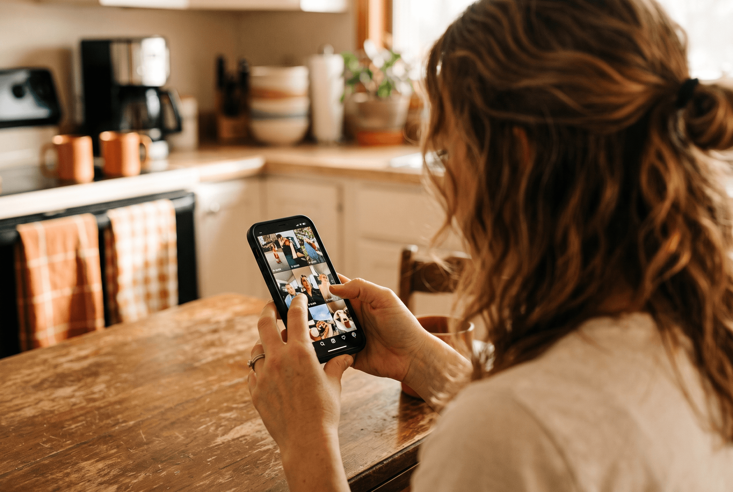 A homeowner searches for a local service by scrolling short-form videos on a phone at a kitchen table