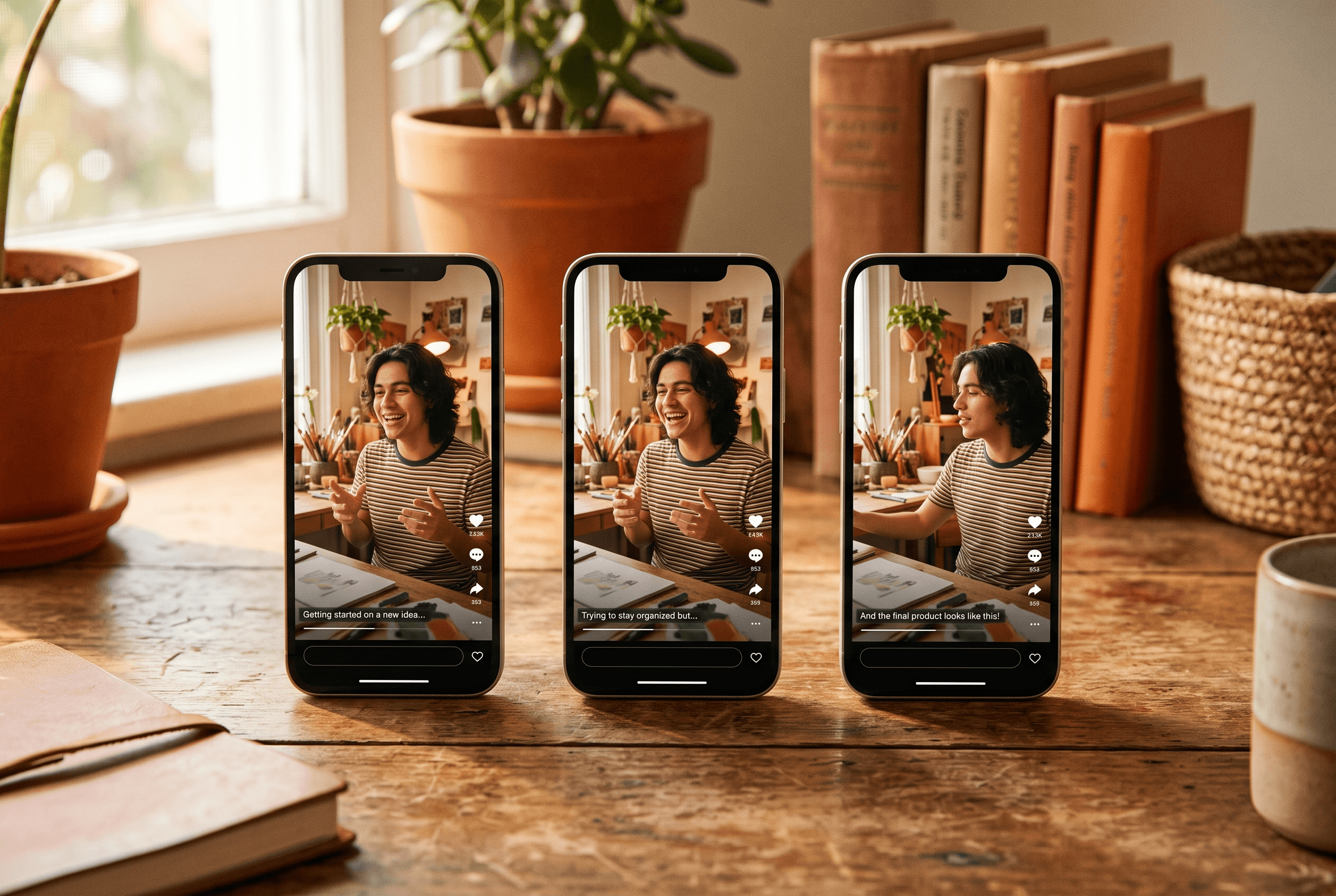 Three phones side by side showing the same vertical video cut for TikTok, Reels, and YouTube Shorts