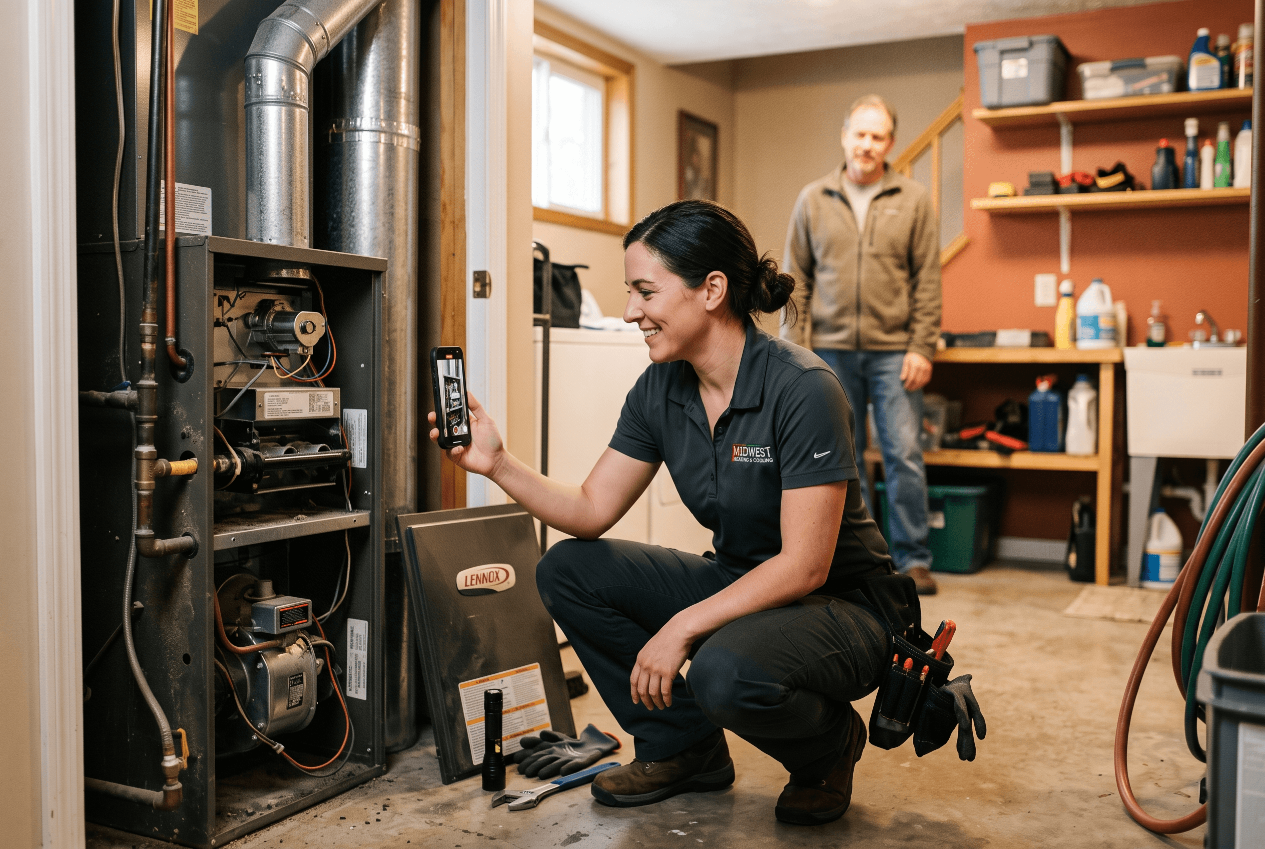 An HVAC technician films a quick phone clip of a furnace tune-up in a Northeast Indiana home at season start