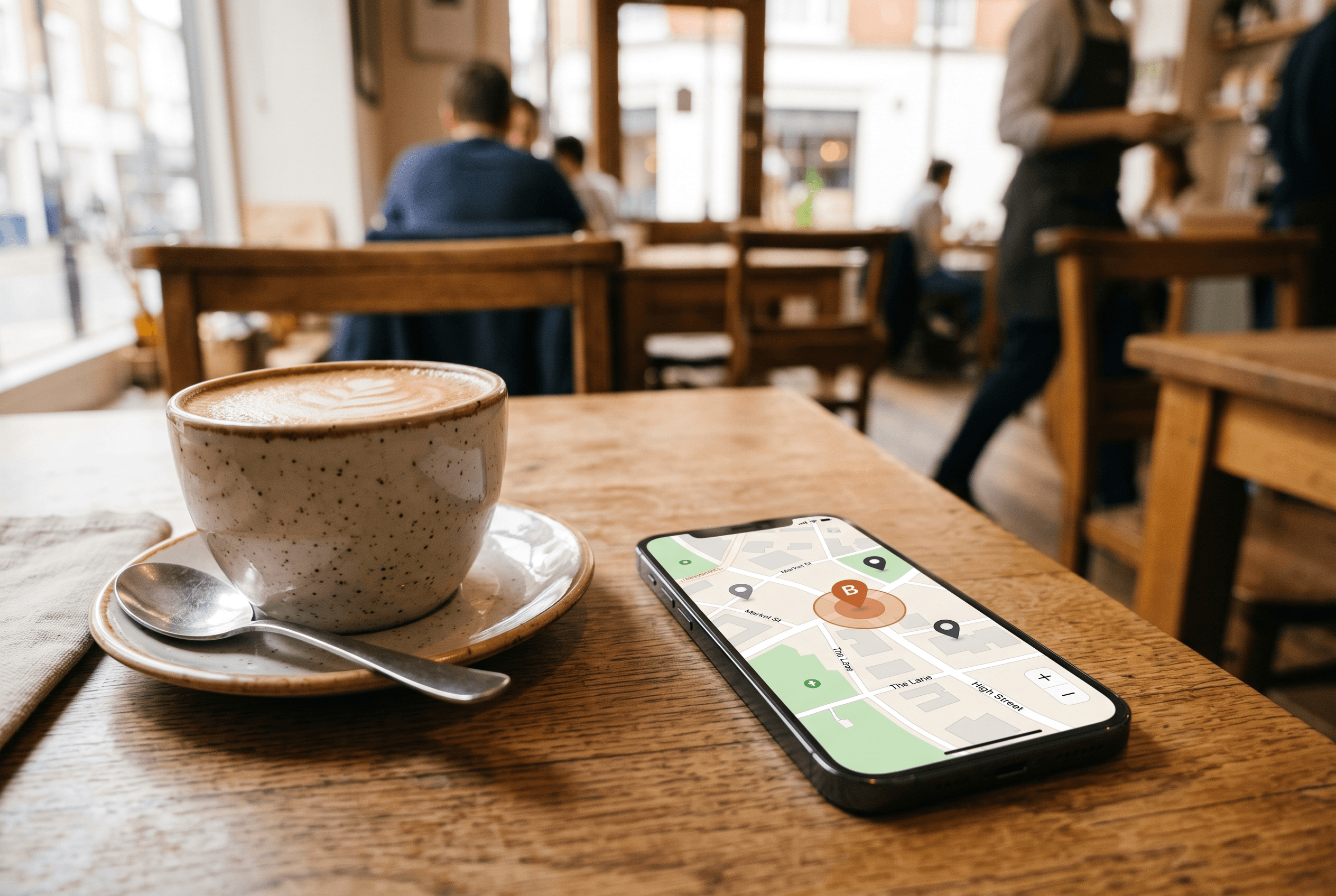 A phone on a cafe table showing a single highlighted map pin among plain pins, illustrating Apple Maps showing one ad per search