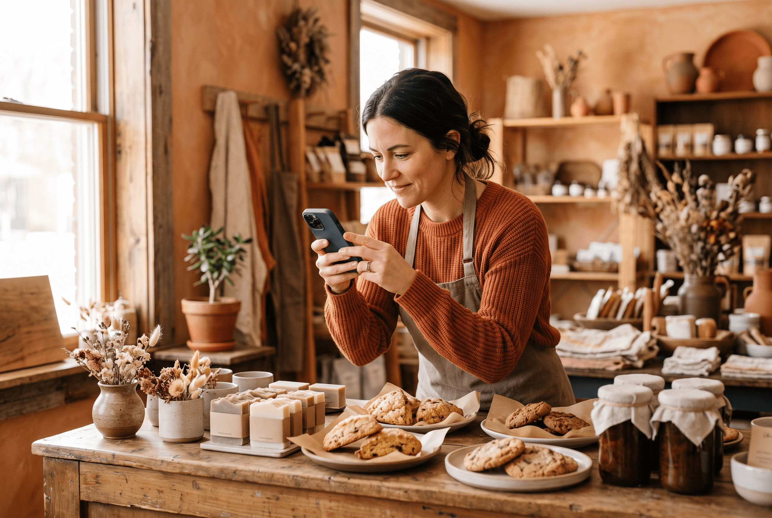 A shop owner photographing products on a counter with a phone to update a free Apple Business Connect listing with fresh images