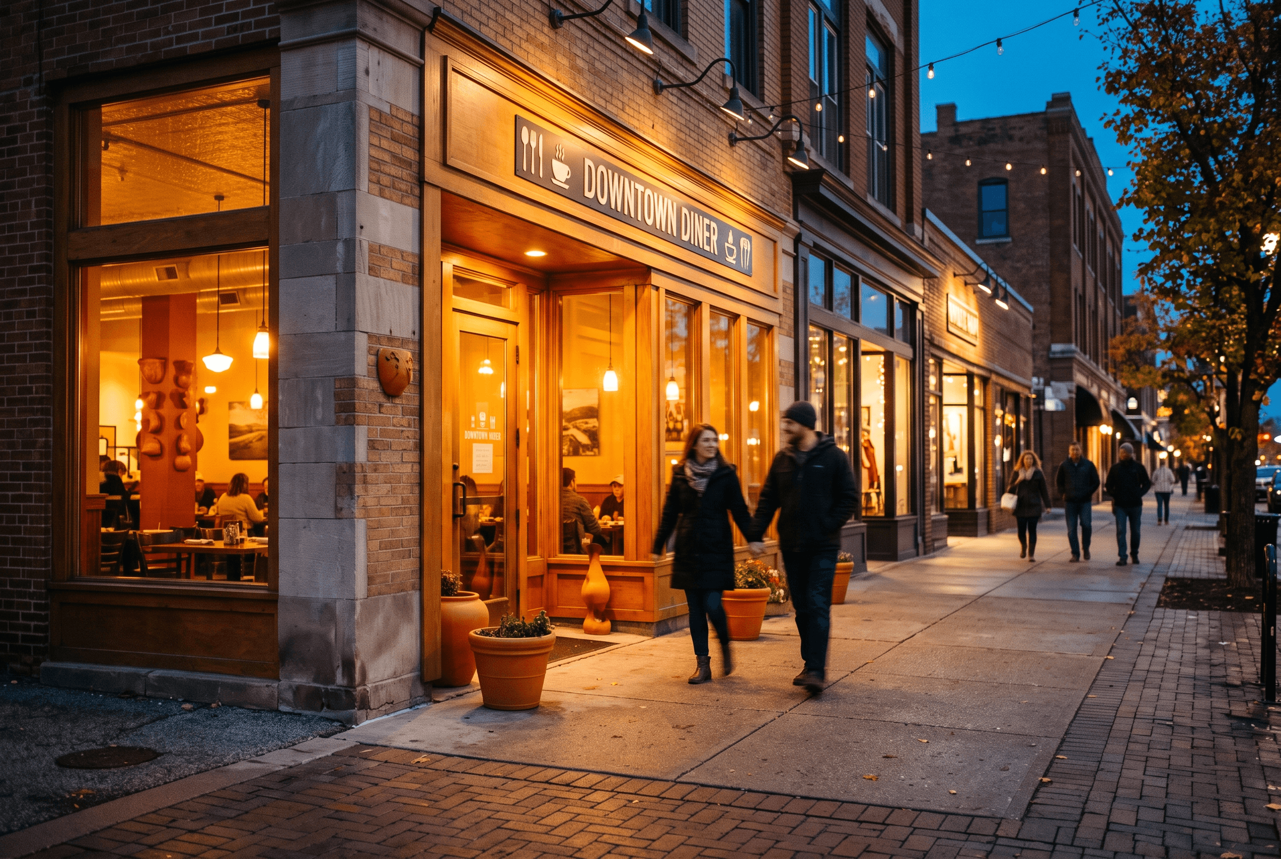 A warm evening street view of a downtown Fort Wayne restaurant storefront, representing customers finding local shops on Apple Maps