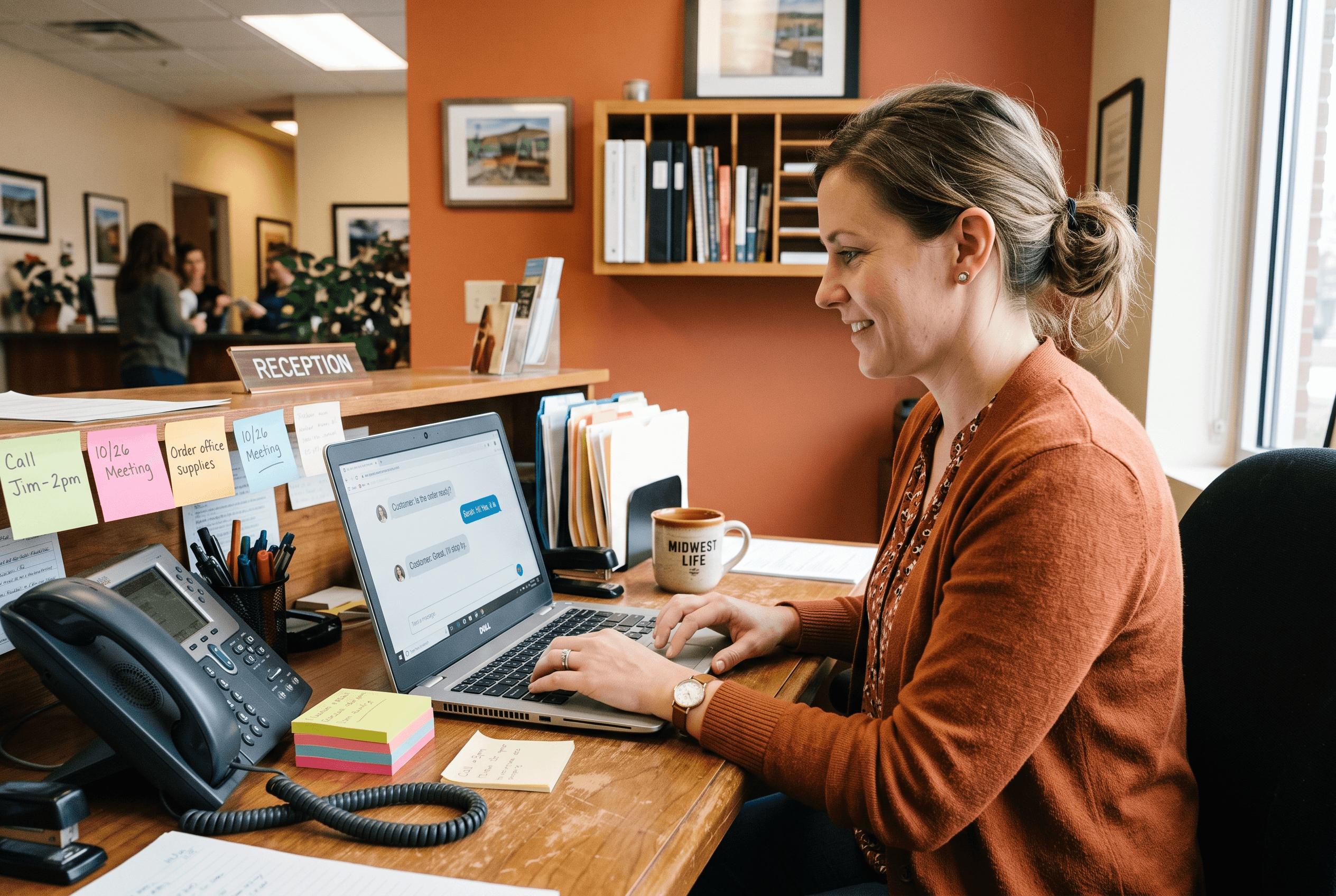 Front-desk staff using an AI chatbot on a laptop while a phone system handles a call at a small Northeast Indiana business