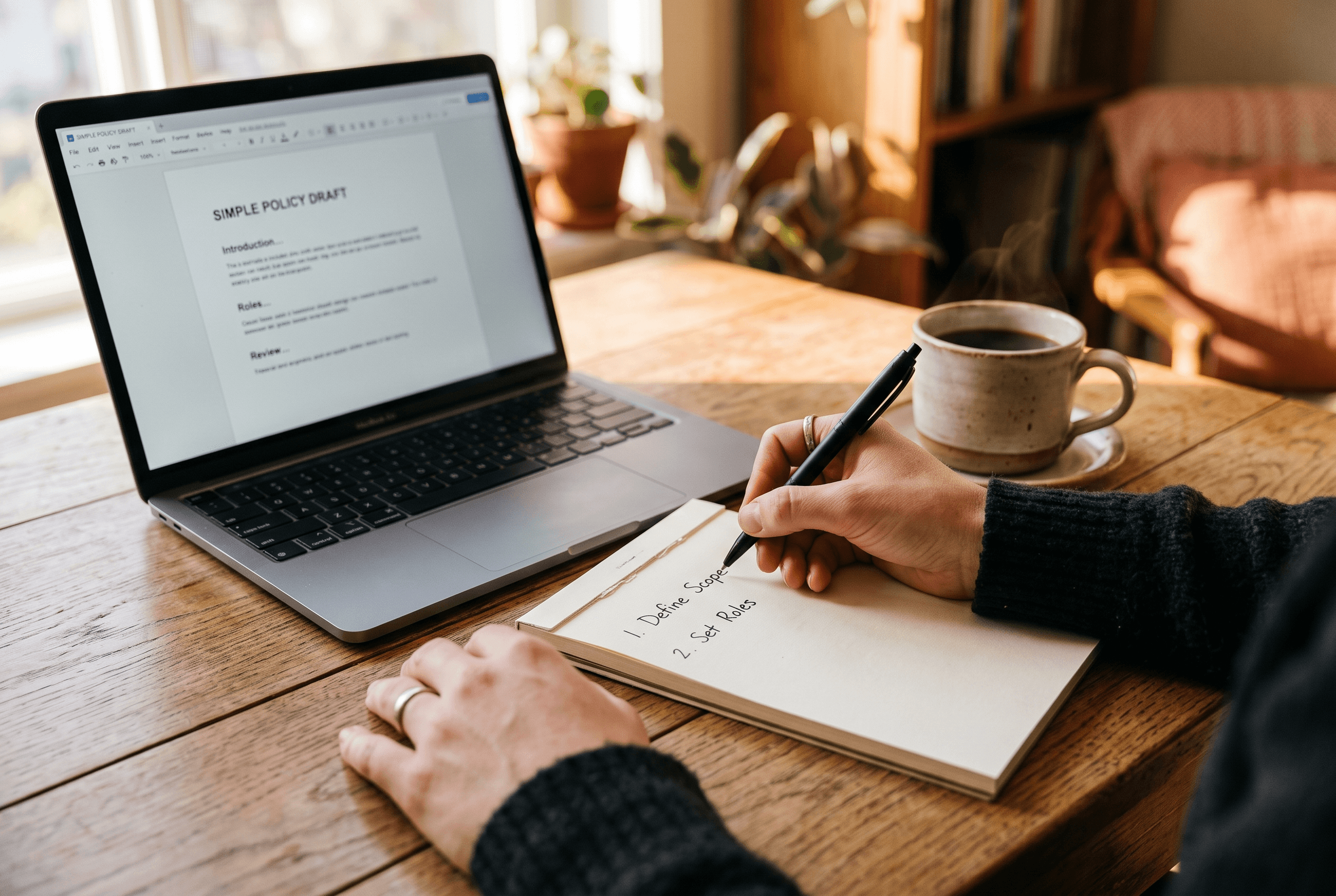 Hands writing a five-point AI policy checklist on a notepad beside a laptop at a warm-lit small business desk