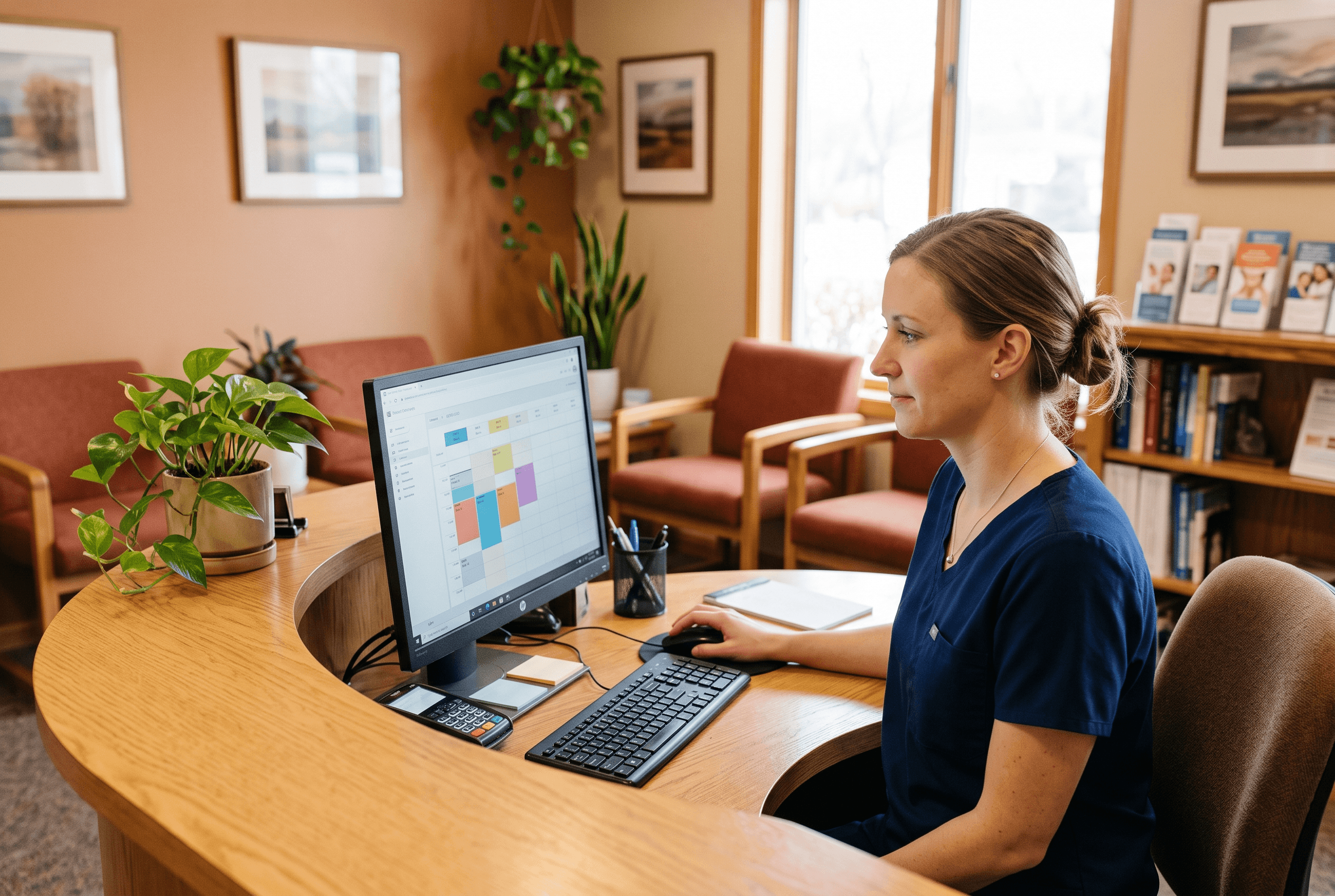 A dental front-desk worker at a check-in screen in a Fort Wayne office, illustrating careful handling of sensitive customer data