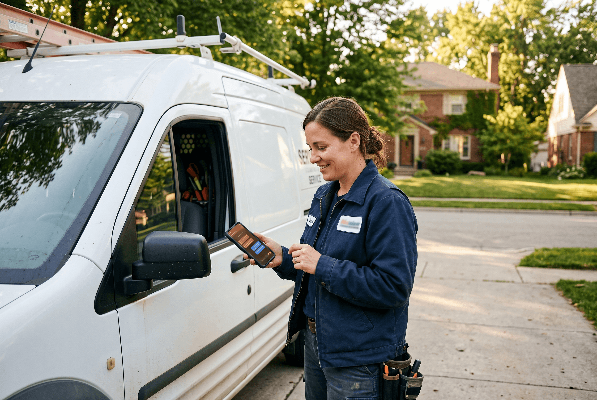 A service technician in a driveway holding a phone that shows an AI chat answer, representing Gemini referral traffic to a local business