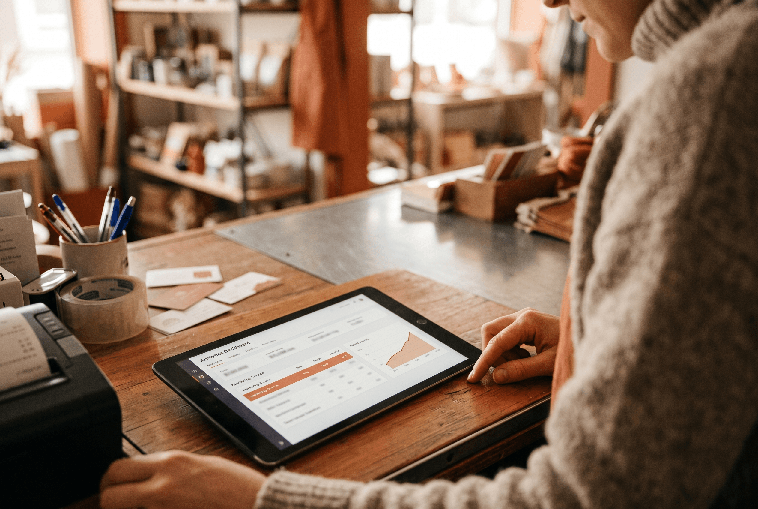 Close-up over-the-shoulder view of a tablet on a shop counter displaying a traffic-source analytics report with a warm-accented chart