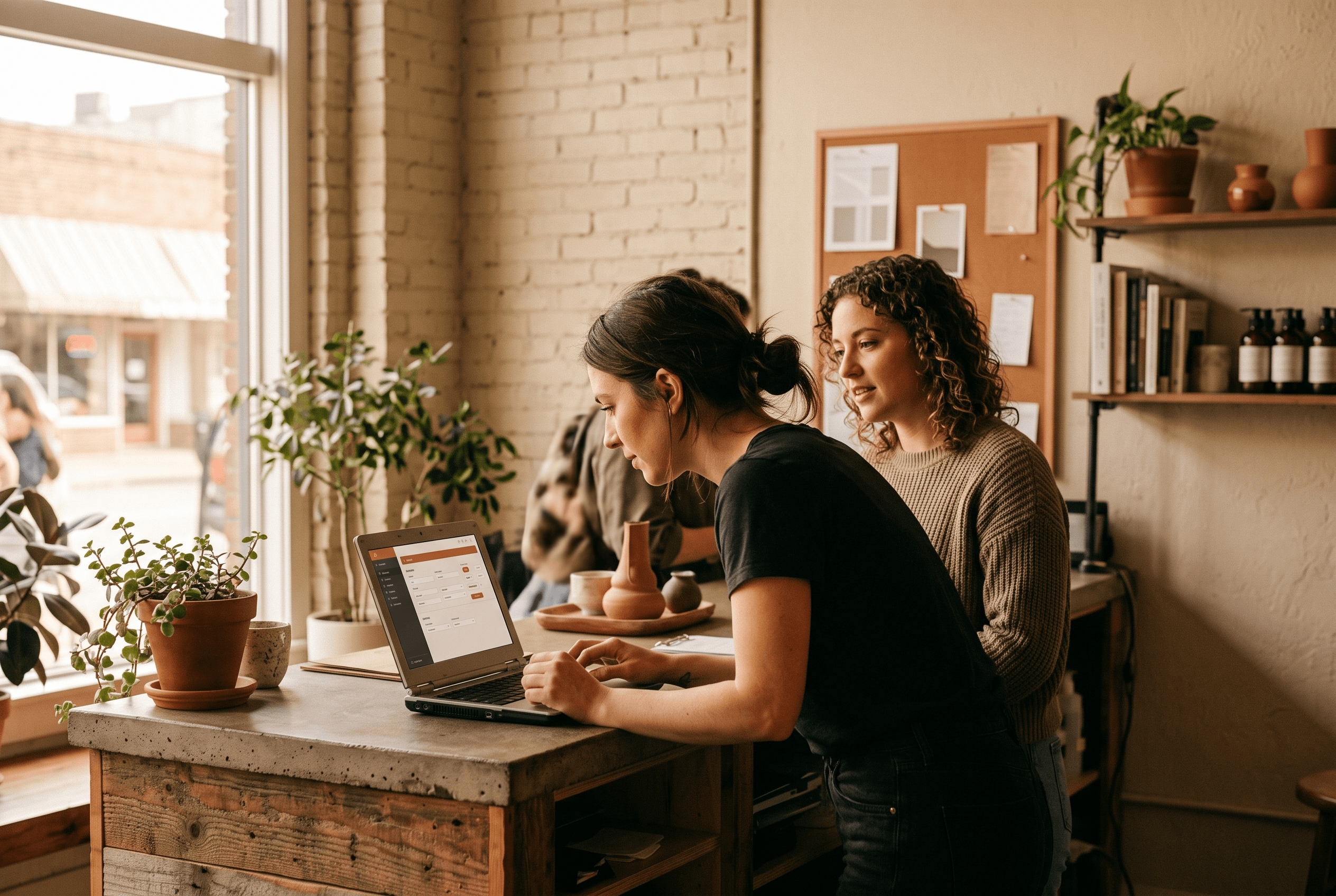 Front-desk staff at a restaurant counter glancing at a laptop analytics screen while setting up an AI traffic tracking report