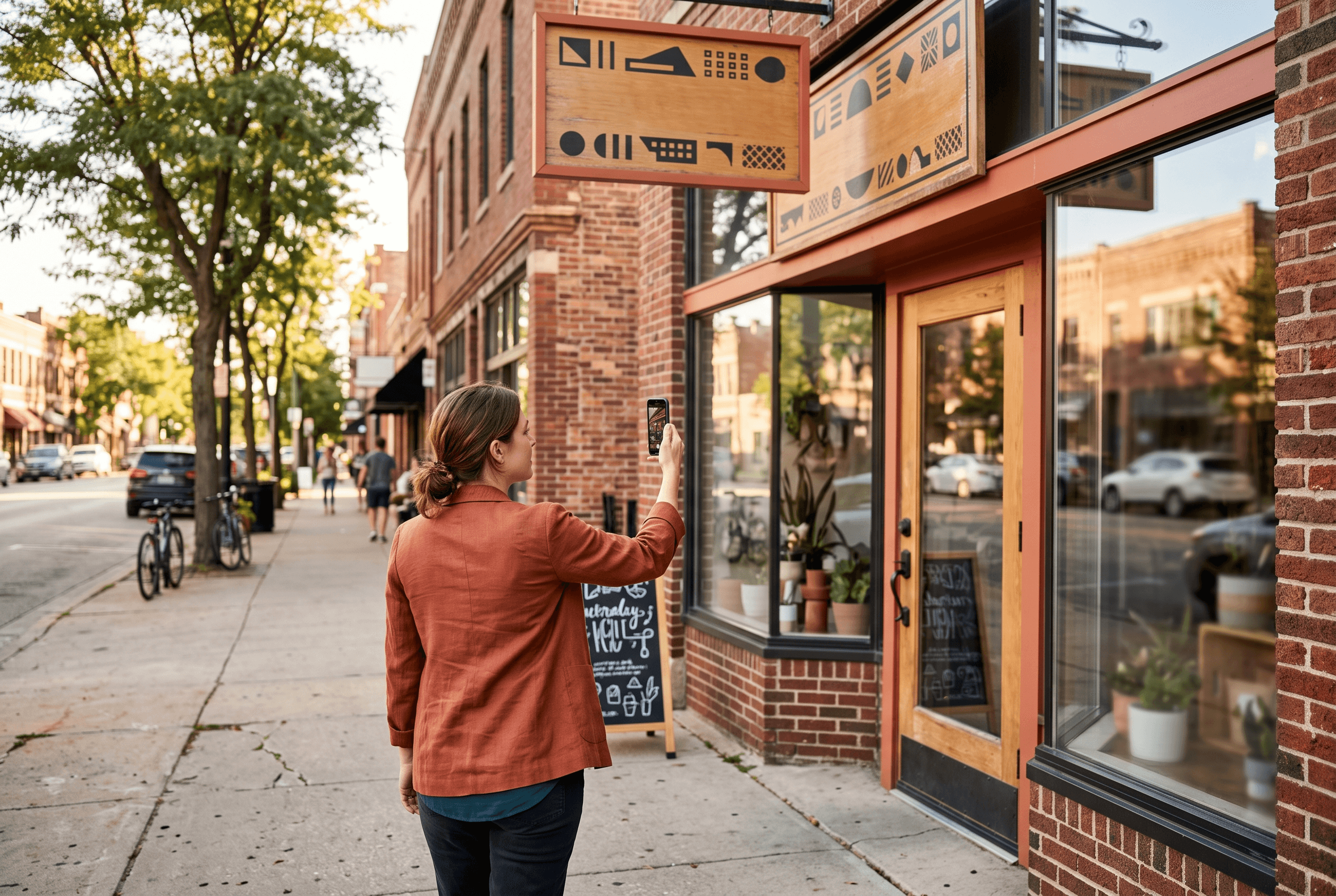 A business owner films a short walkthrough video of storefront signage on a phone to complete Google Business Profile re-verification