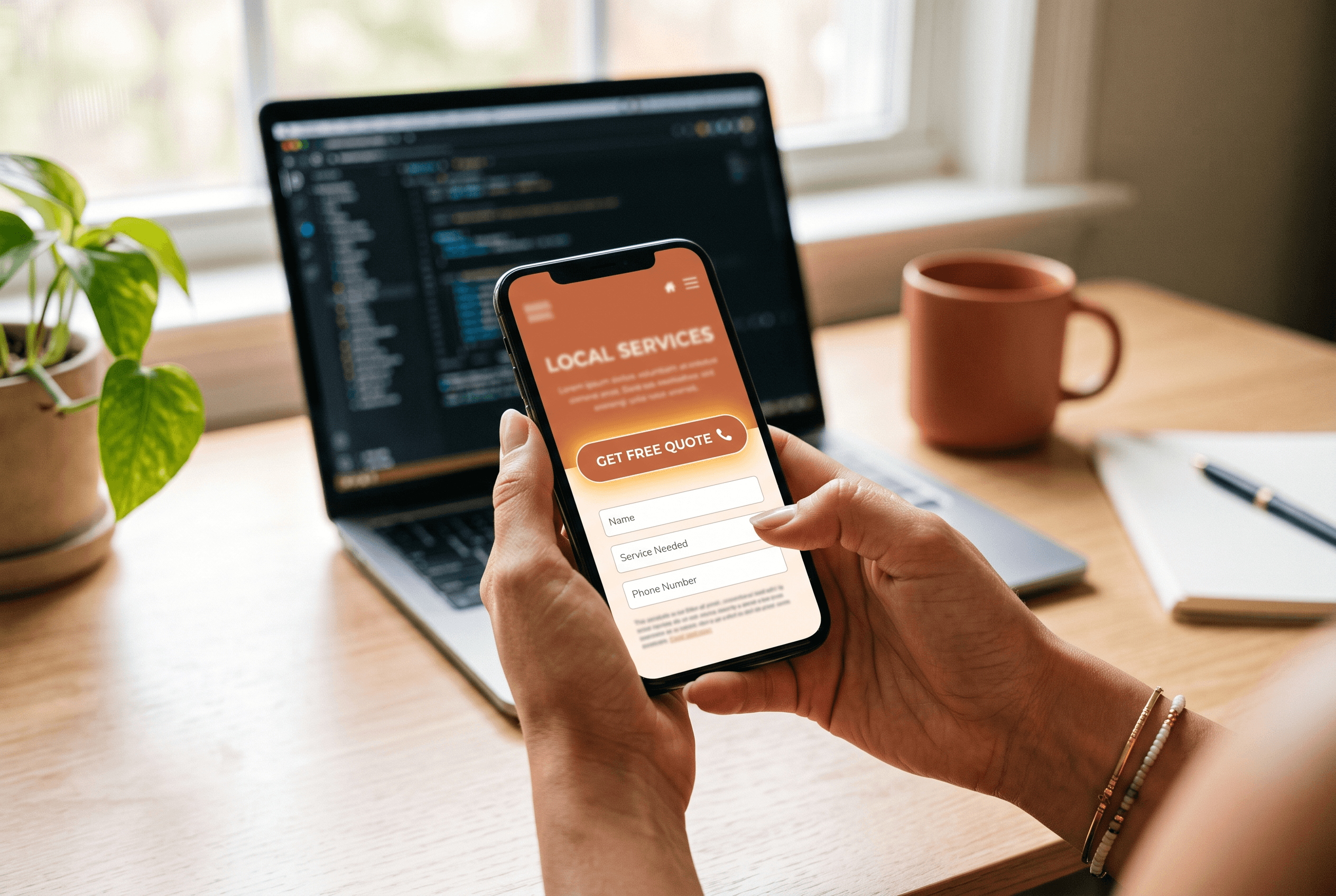 Hands holding a phone showing a local service website landing page, checking the headline, call button, and form on mobile