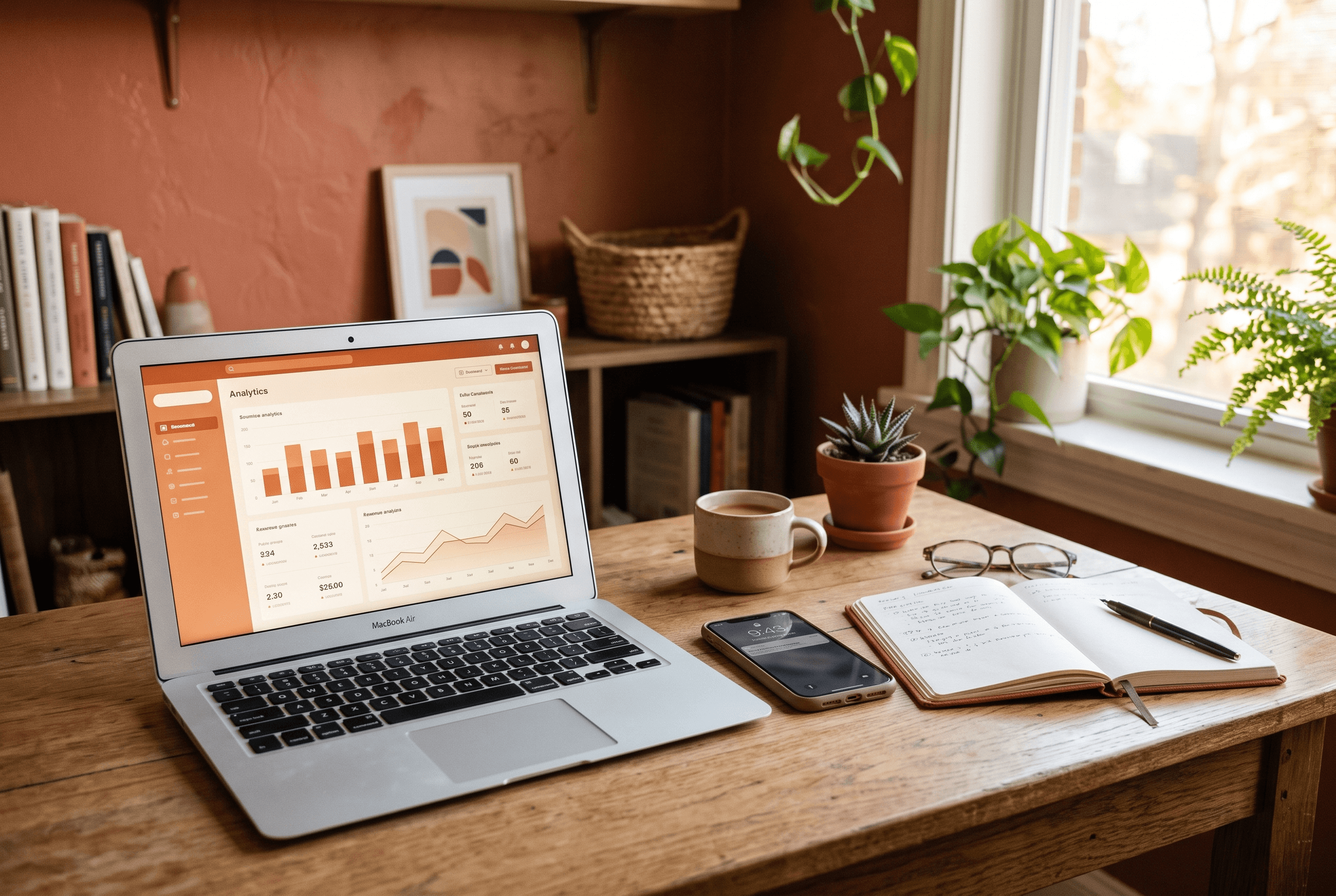 A laptop showing a simple conversion-tracking dashboard with booked calls and form submissions in warm-accented charts