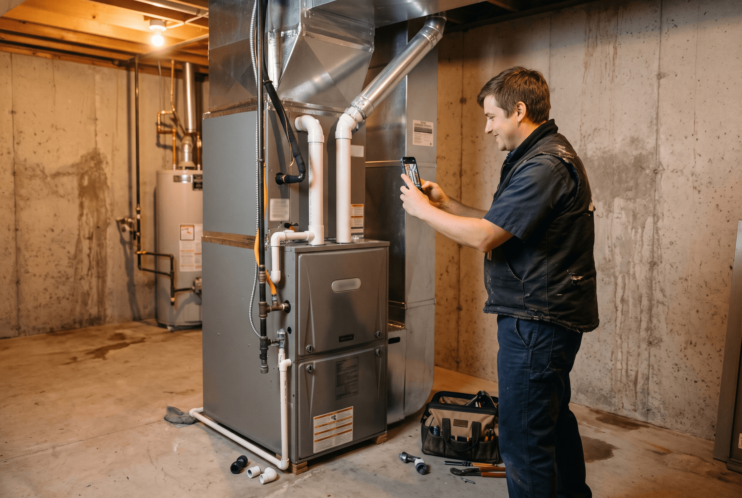A service technician photographing a completed furnace install on a phone to document first-hand expertise for a buyer’s guide