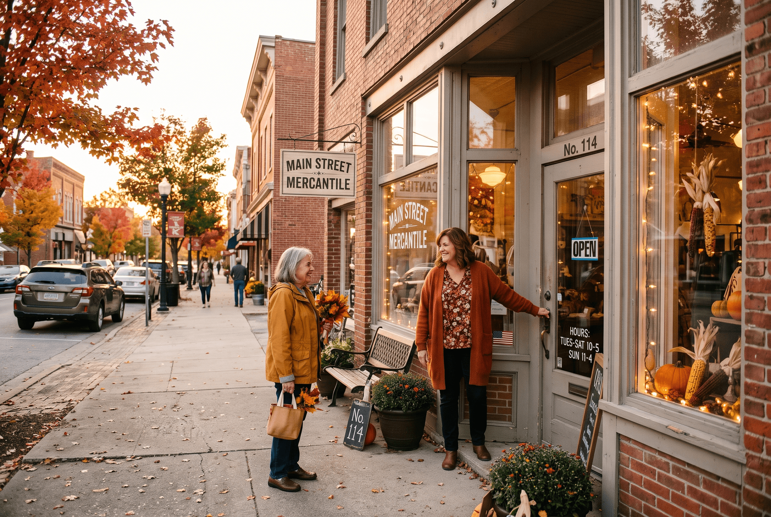 A Northeast Indiana storefront exterior on a crisp day with an owner greeting a customer at the door