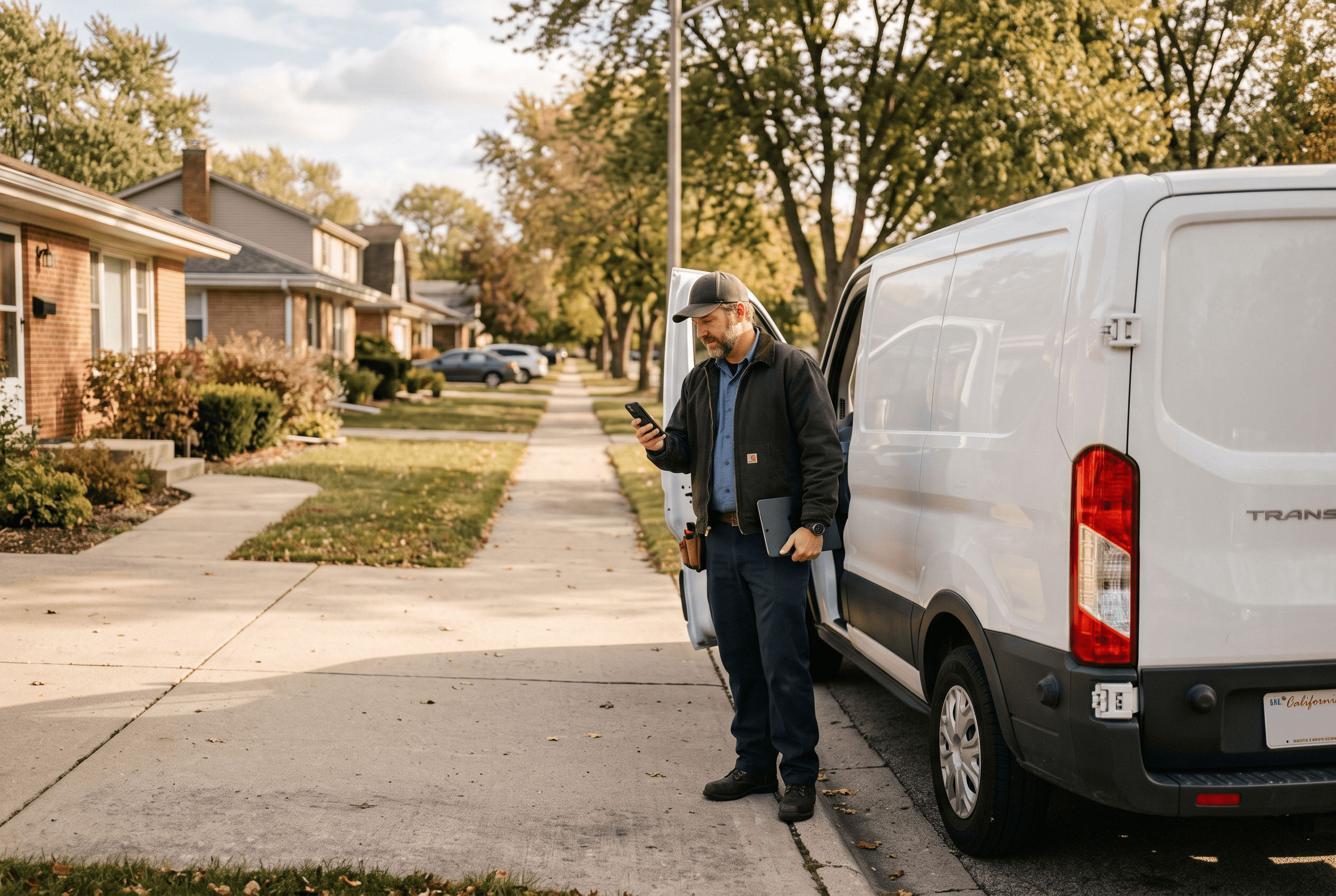 A service technician beside a work van checks a phone displaying a Google Business Profile performance chart with calls and directions requests.
