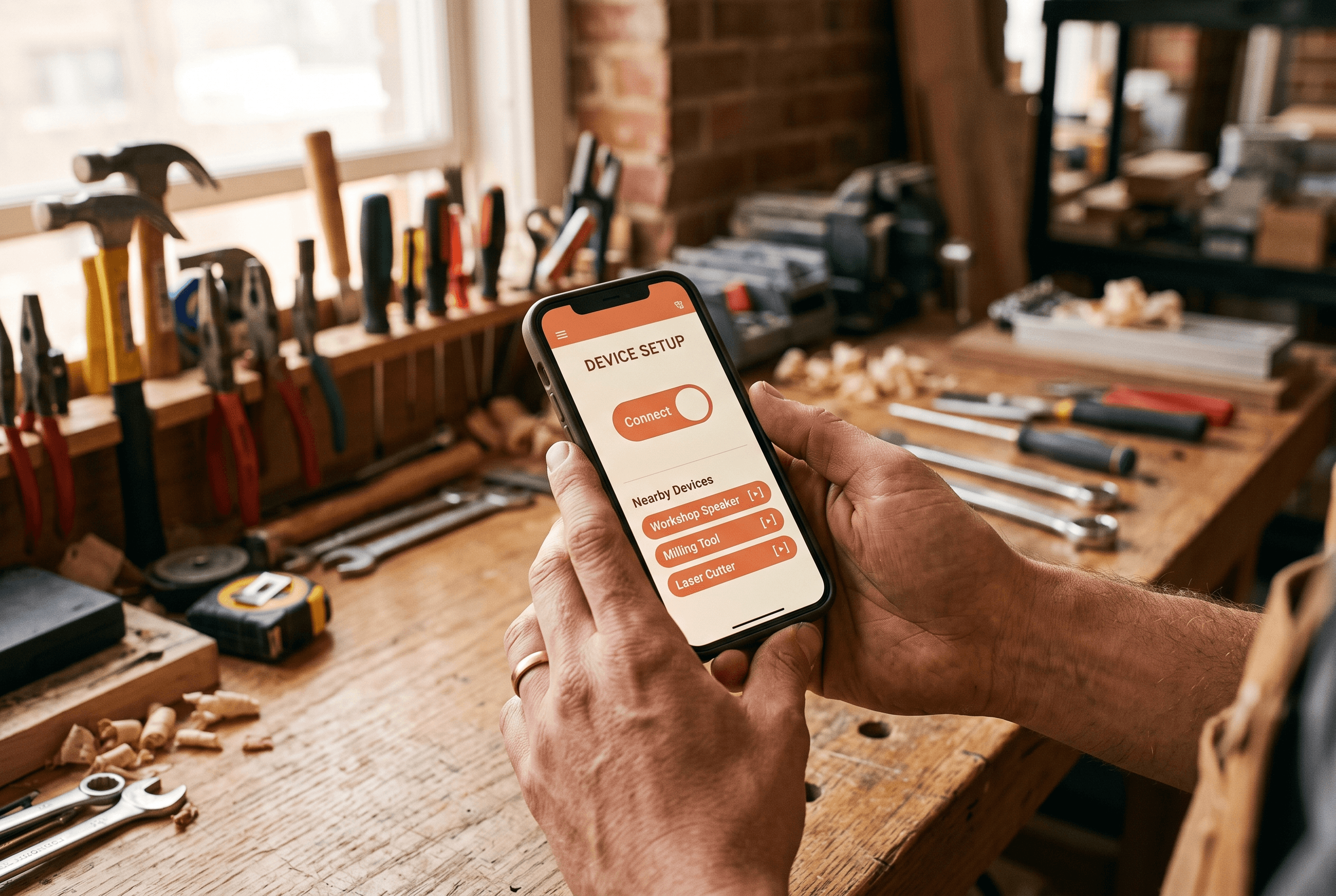 Close view of a shop owner’s hands holding a phone at a workshop bench, tapping to connect a Google listing to an AI assistant app.