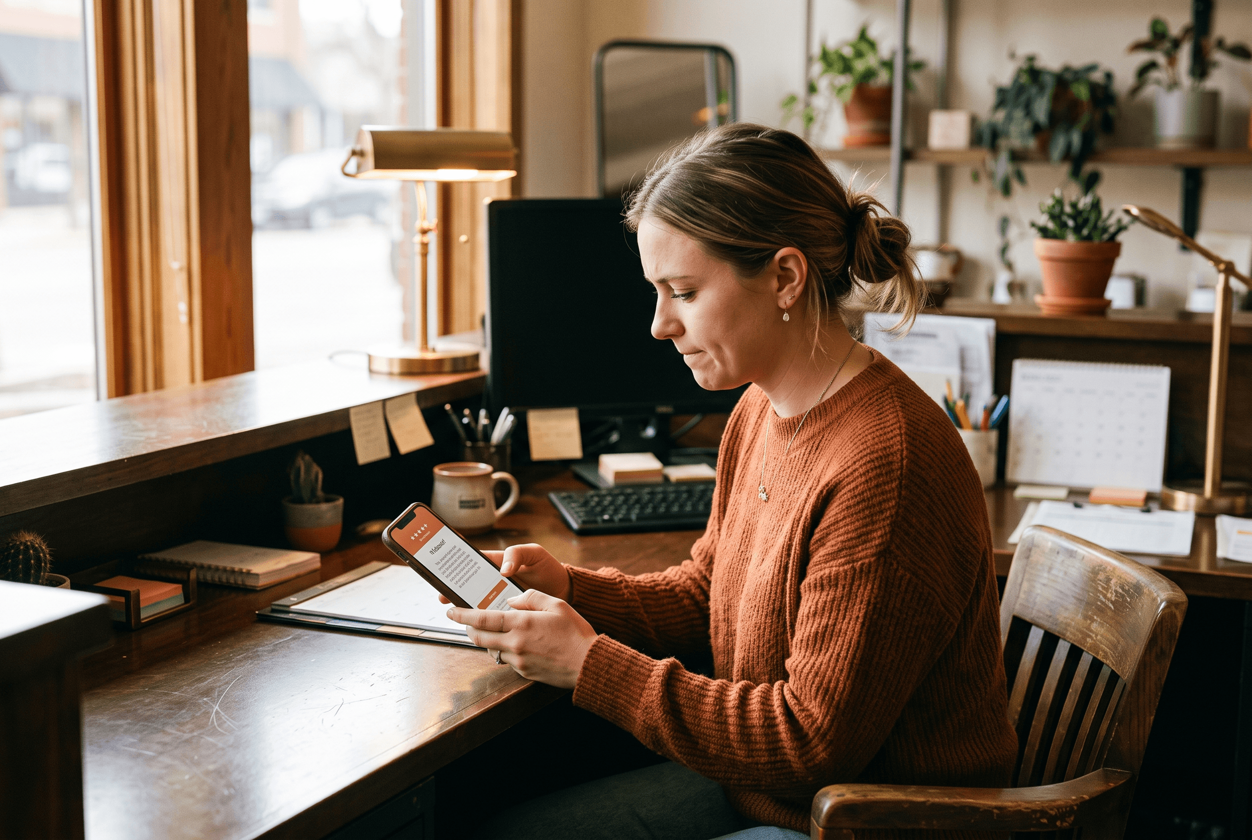 Front-desk staff at a small business reads an AI-drafted customer reply on a phone before sending it, pausing to proofread at the counter.