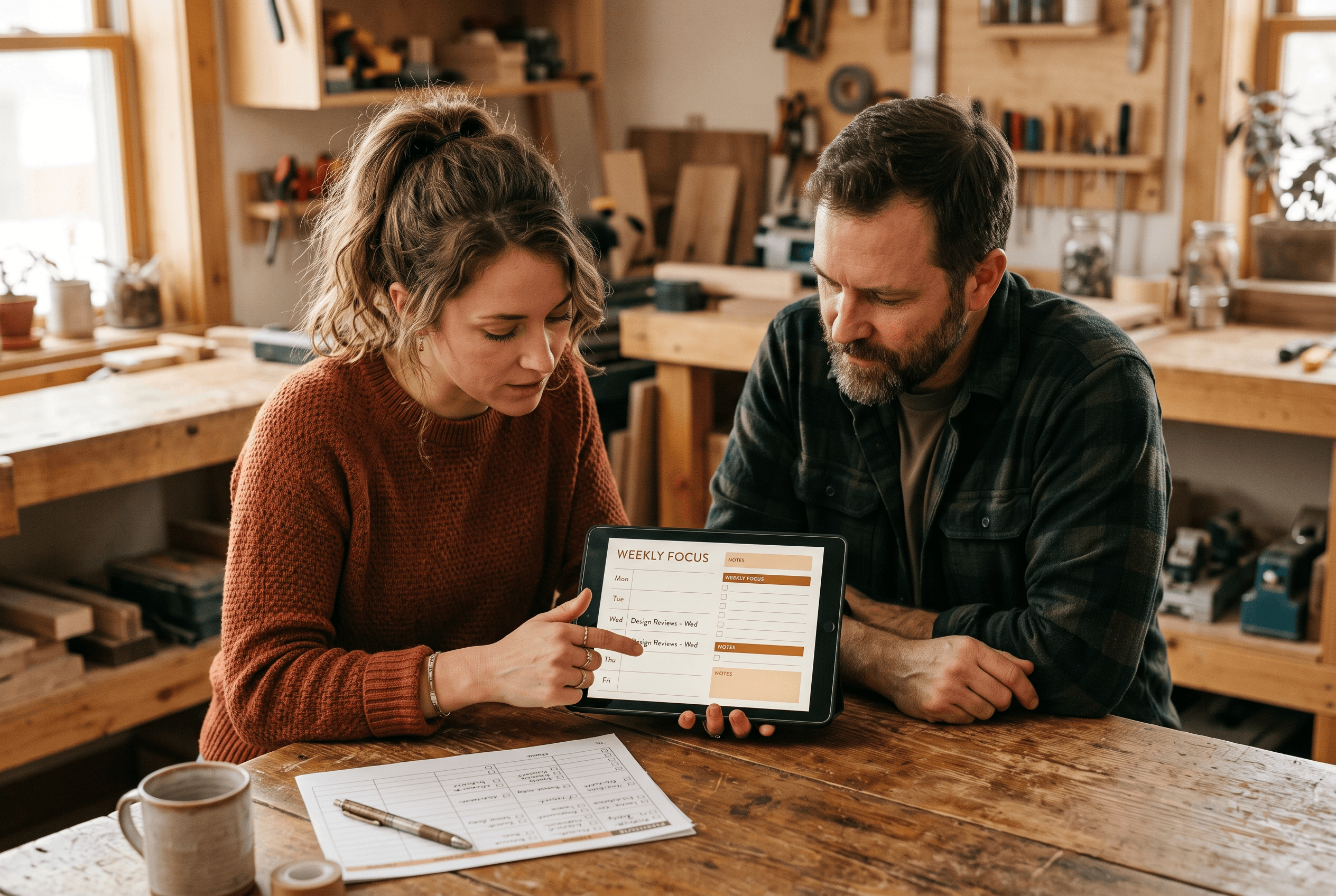 Two small-business team members at a workshop table reviewing a week-long content rollout checklist on a tablet with a printed schedule