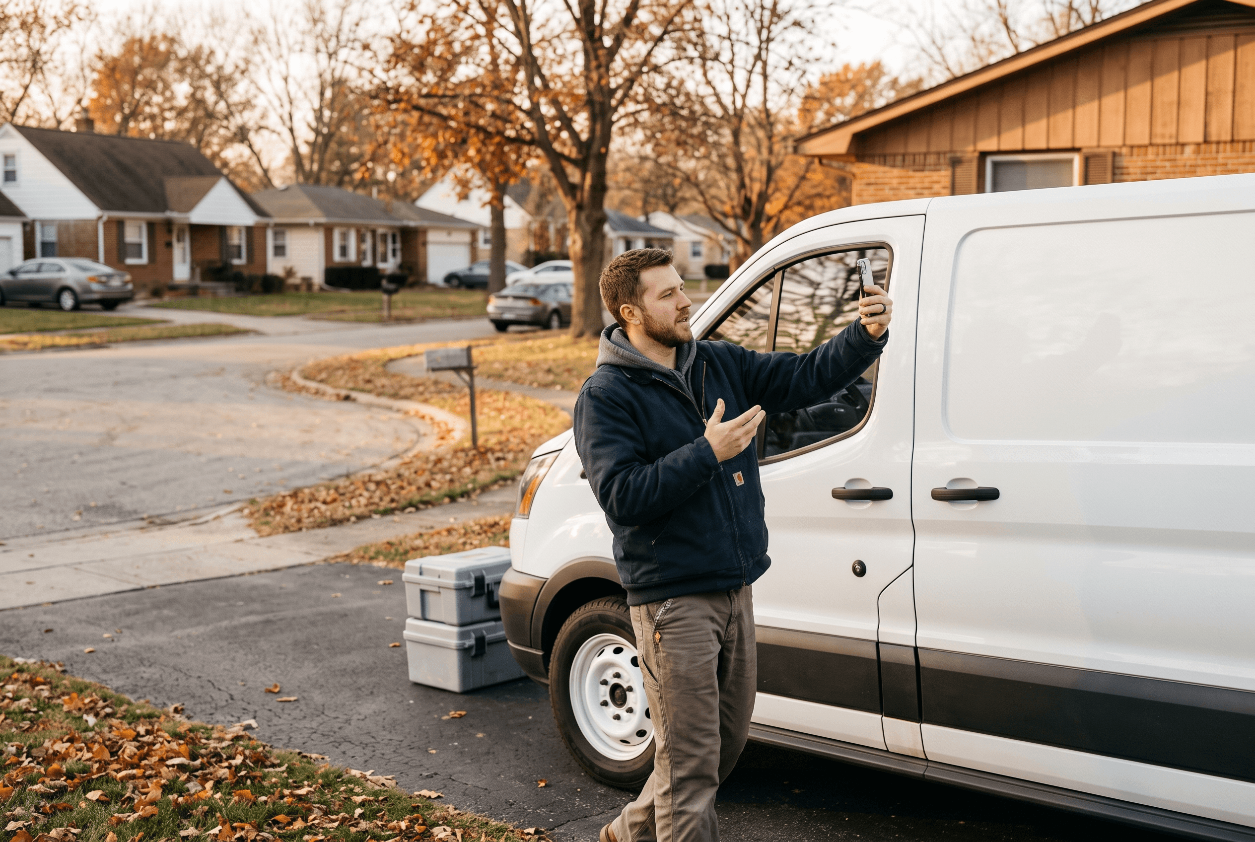 Fort Wayne HVAC technician beside a work van outside a home filming a quick explainer clip on a phone for the company’s content distribution