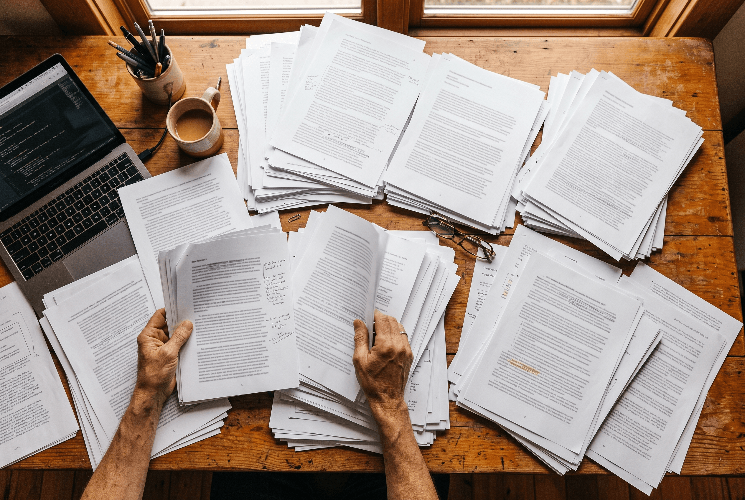Stacks of printed blog drafts spread across a desk as a marketer sorts through them, illustrating the 2026 flood of AI-written content that diluted results