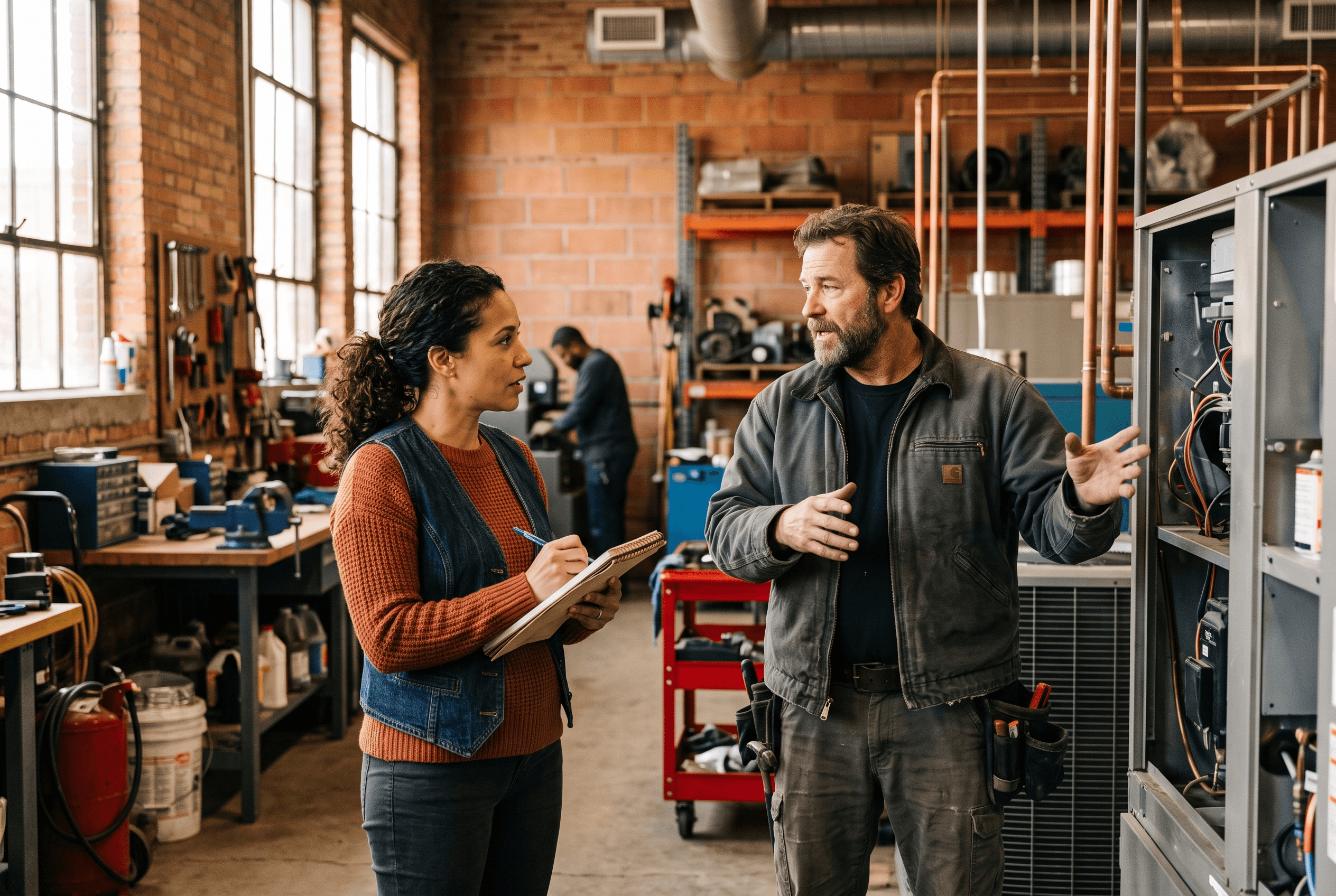 A Fort Wayne business owner interviewing a service technician at a job site and taking notes, the kind of original hands-on research that still wins readers