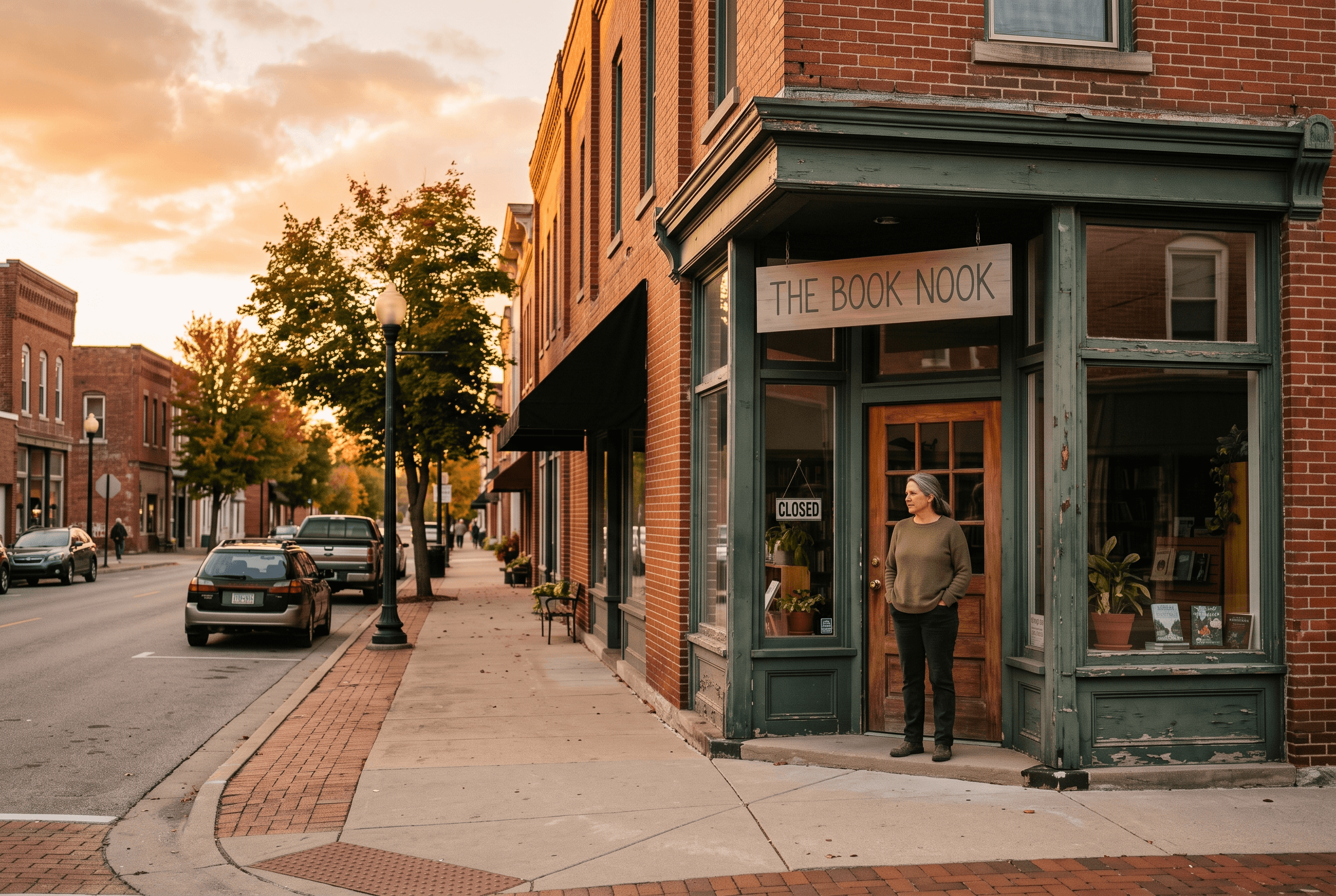 A warm exterior of a small Northeast Indiana storefront at golden hour with the owner standing in the doorway, representing local Fort Wayne content strategy