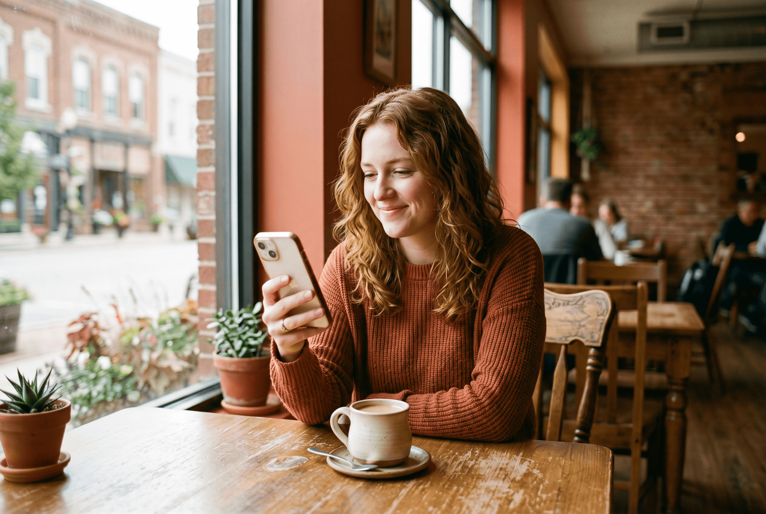 A person holding a phone that shows a conversational AI answer citing a few community and reference sources, in a warm Fort Wayne coffee shop setting