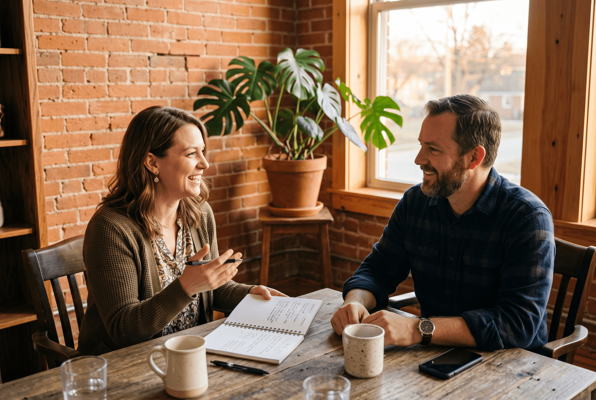 Two local business people talking over coffee at a Fort Wayne networking meetup, one taking notes, illustrating earned-media relationship building