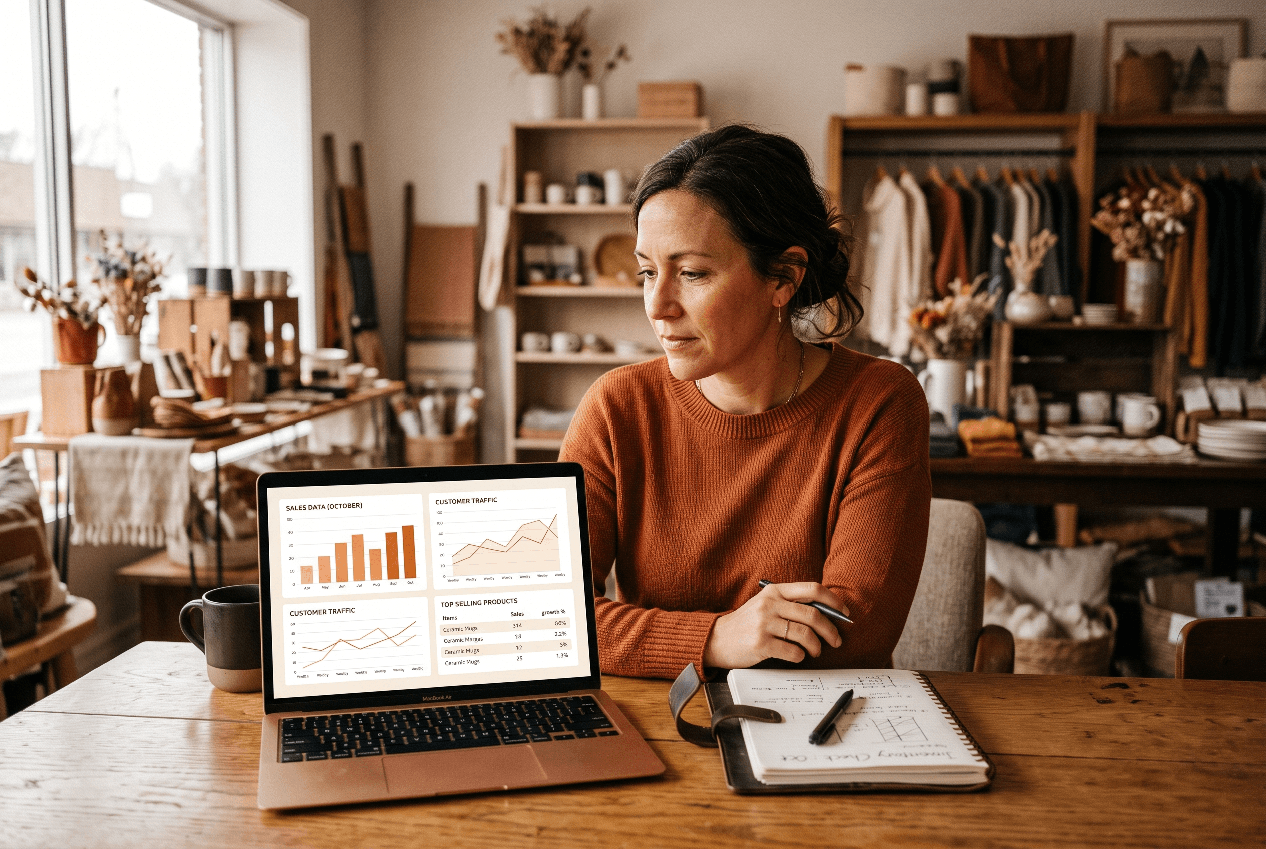 A boutique retail owner compares 2026 Facebook ad cost per click and cost per lead figures on a laptop at a worktable