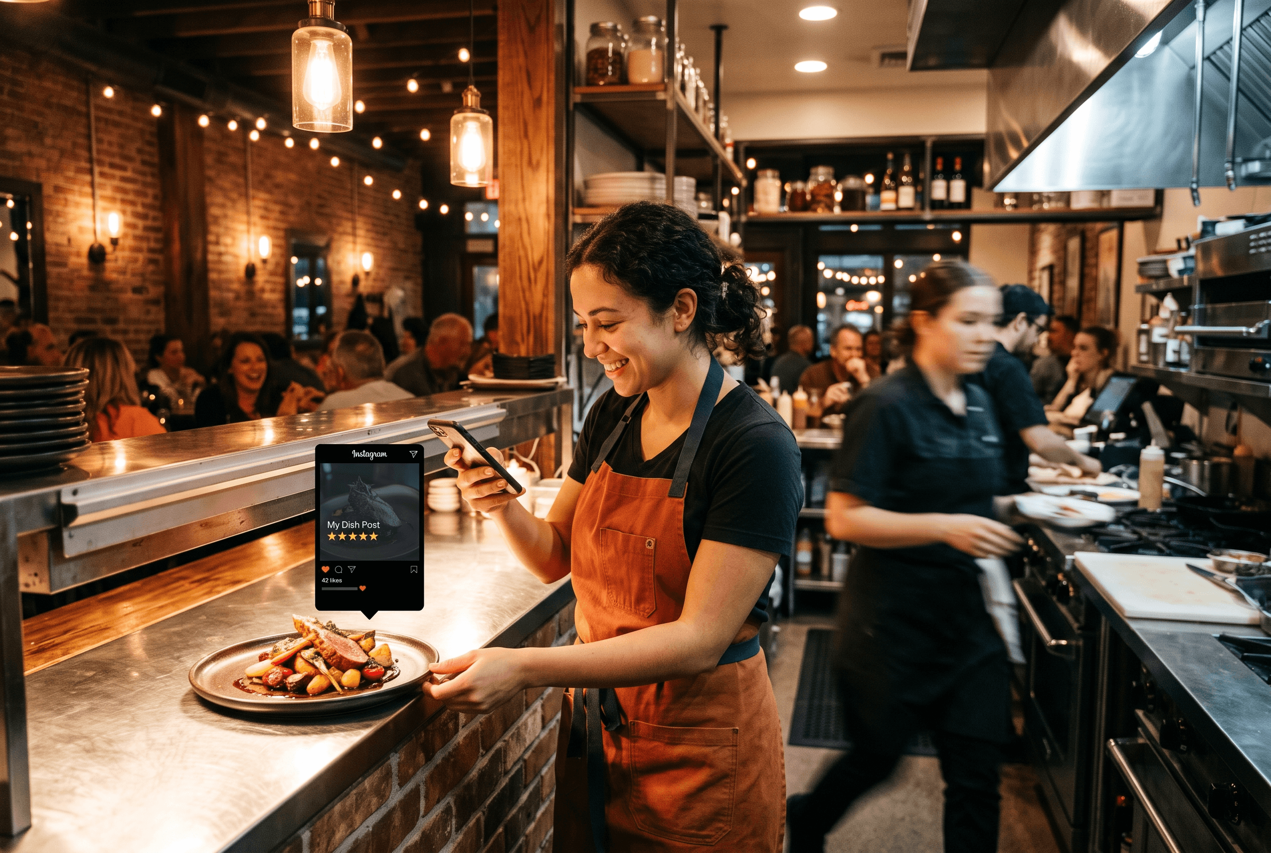 Front-of-house staff at a busy Fort Wayne restaurant photograph a plated special on a phone for a social media promotion