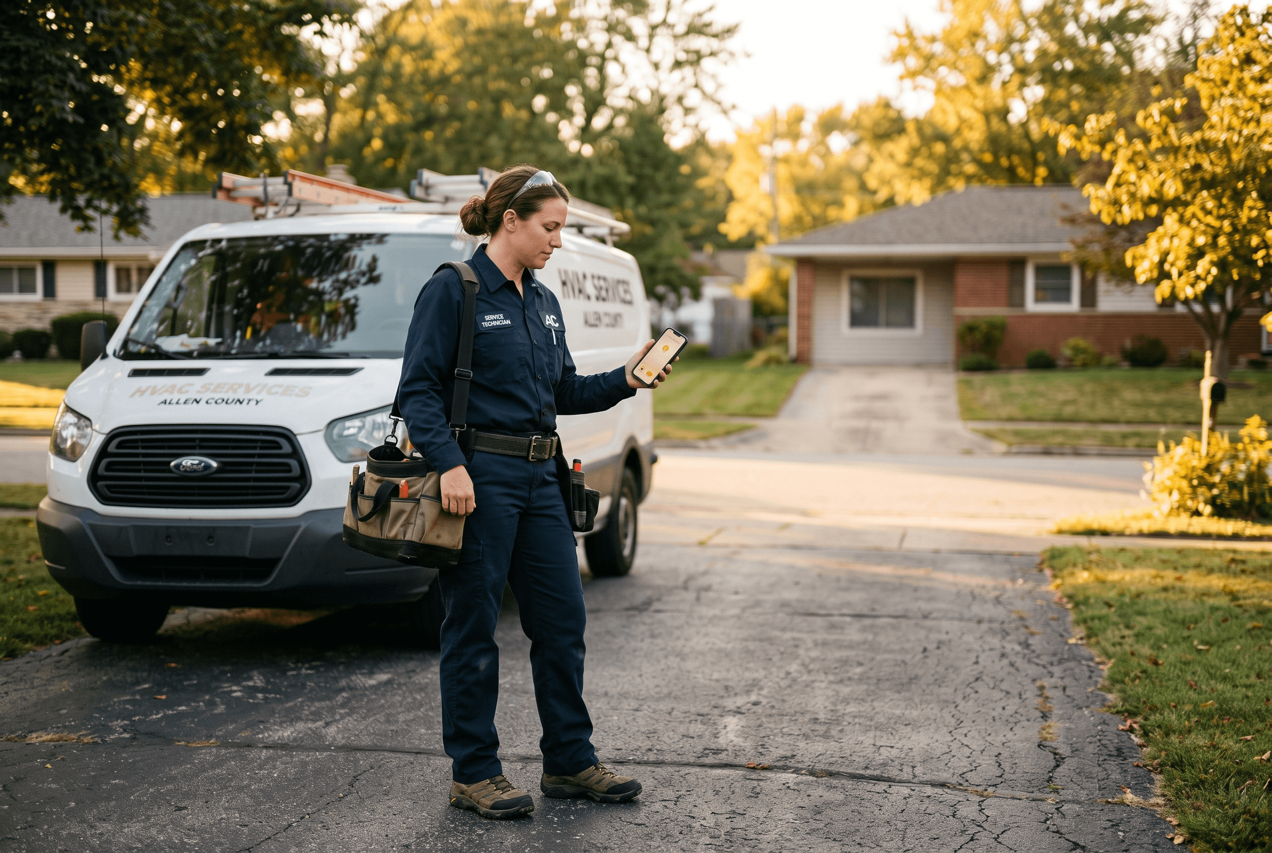A Fort Wayne home-services technician checks incoming job leads on a phone beside a service van in a driveway